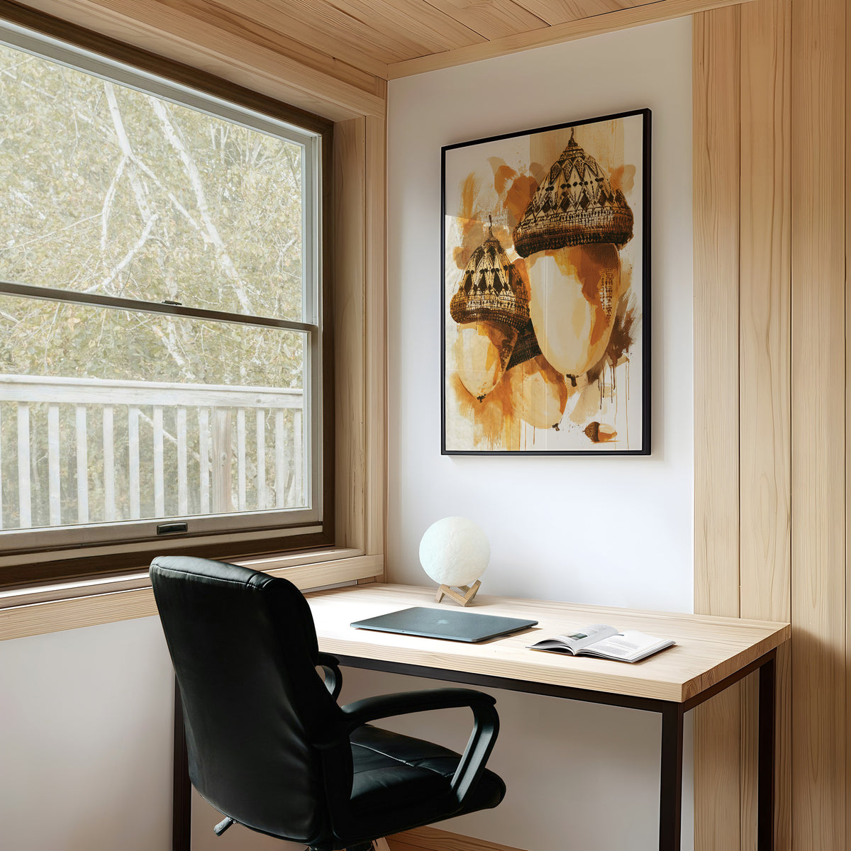 Where the Acorns Hold Their Amber, painterly oak nuts with carved caps and drips of ochre and cream on a pale ground, on a study wall above a writing desk and a black desk chair