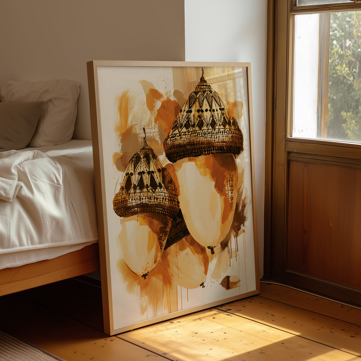 Where the Acorns Hold Their Amber, painterly oak nuts with carved caps and drips of ochre and cream on a pale ground, leaning on a wood floor in a bedroom beside white linen bedding