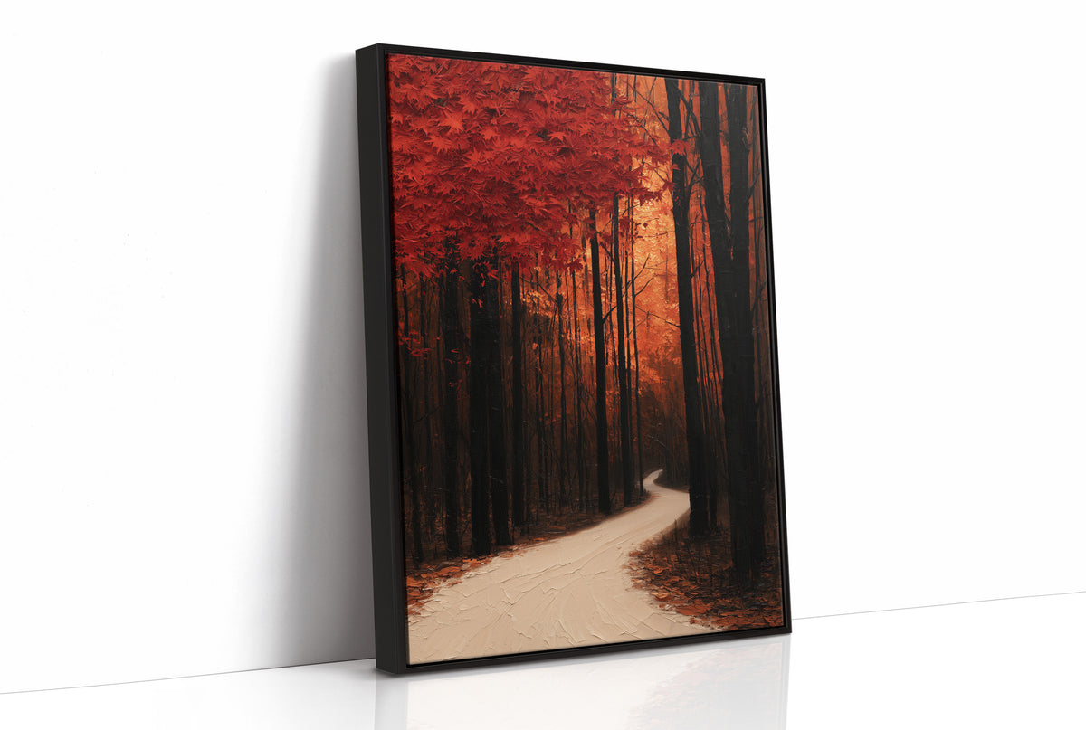 Where the Crimson Path Bends, a winding forest path through tall dark trunks under a blaze of red canopy, painted in deep crimson, russet and warm shadow, as a framed canvas in a black frame