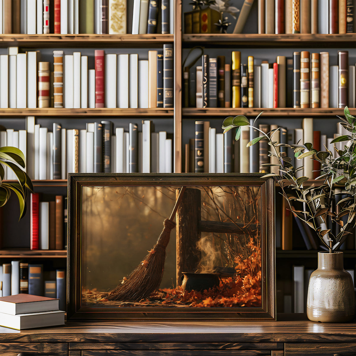 Where the Leaves Lie Down, a wooded path of fallen leaves in amber and rust under soft morning light, in a wood frame on a bookshelf wall beside a vase of olive branches