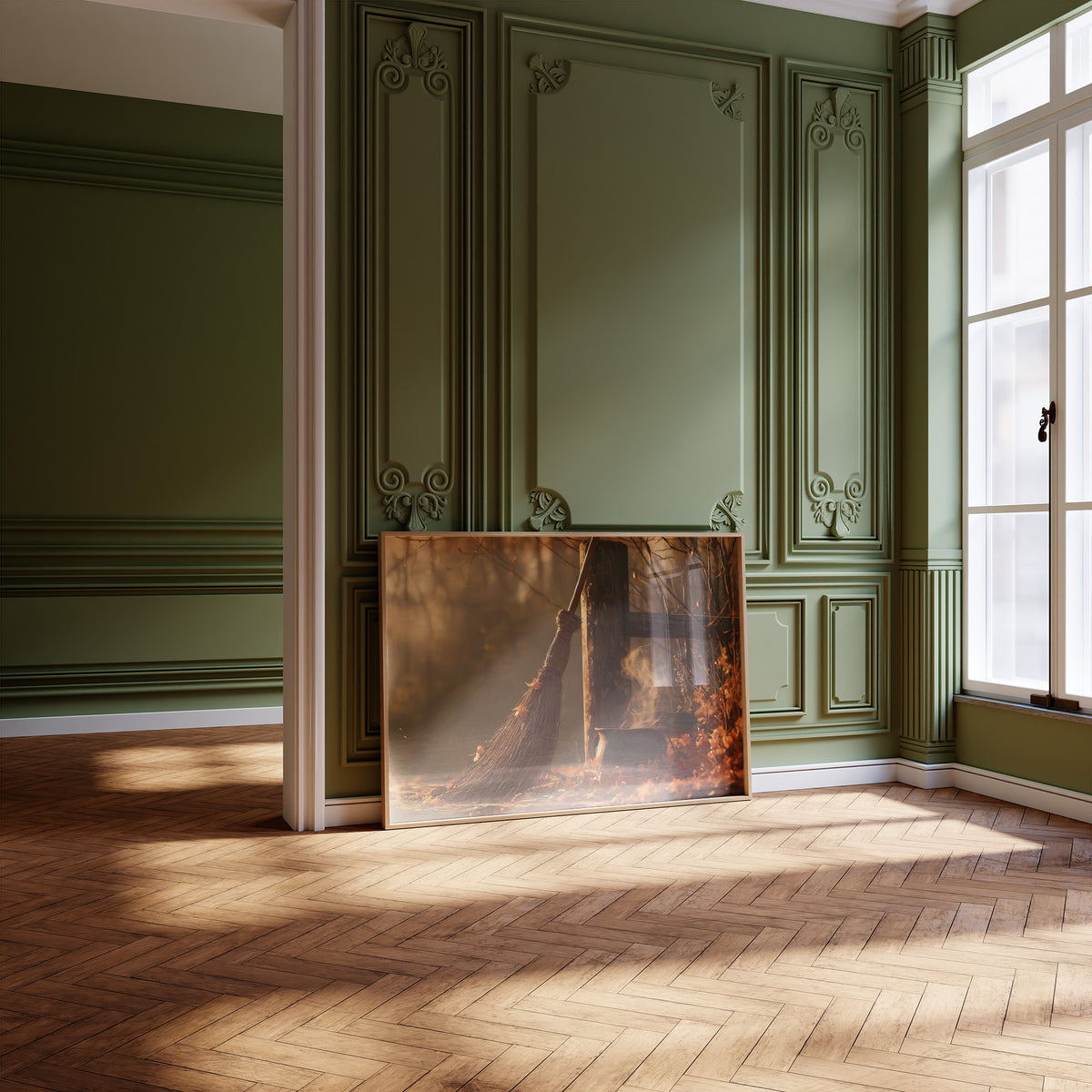 Where the Leaves Lie Down, a wooded path of fallen leaves in amber and rust under soft morning light, leaning on a herringbone floor in a green paneled room with tall windows