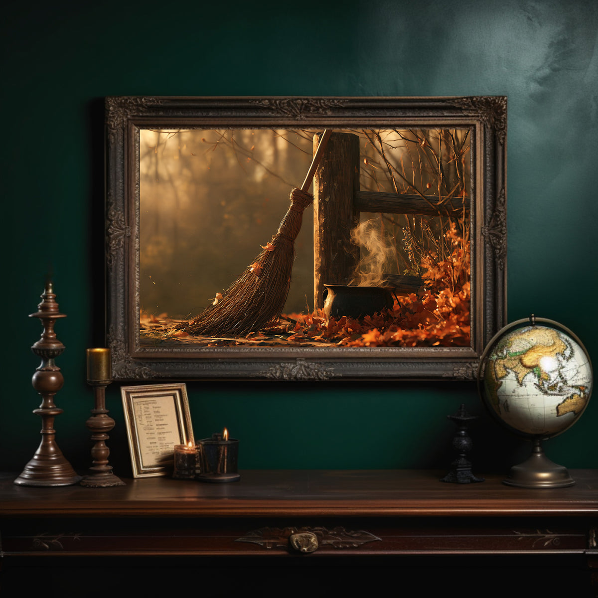 Where the Leaves Lie Down, a wooded path of fallen leaves in amber and rust under soft morning light, in an ornate dark frame on a deep green wall above a mantel with a globe and candles