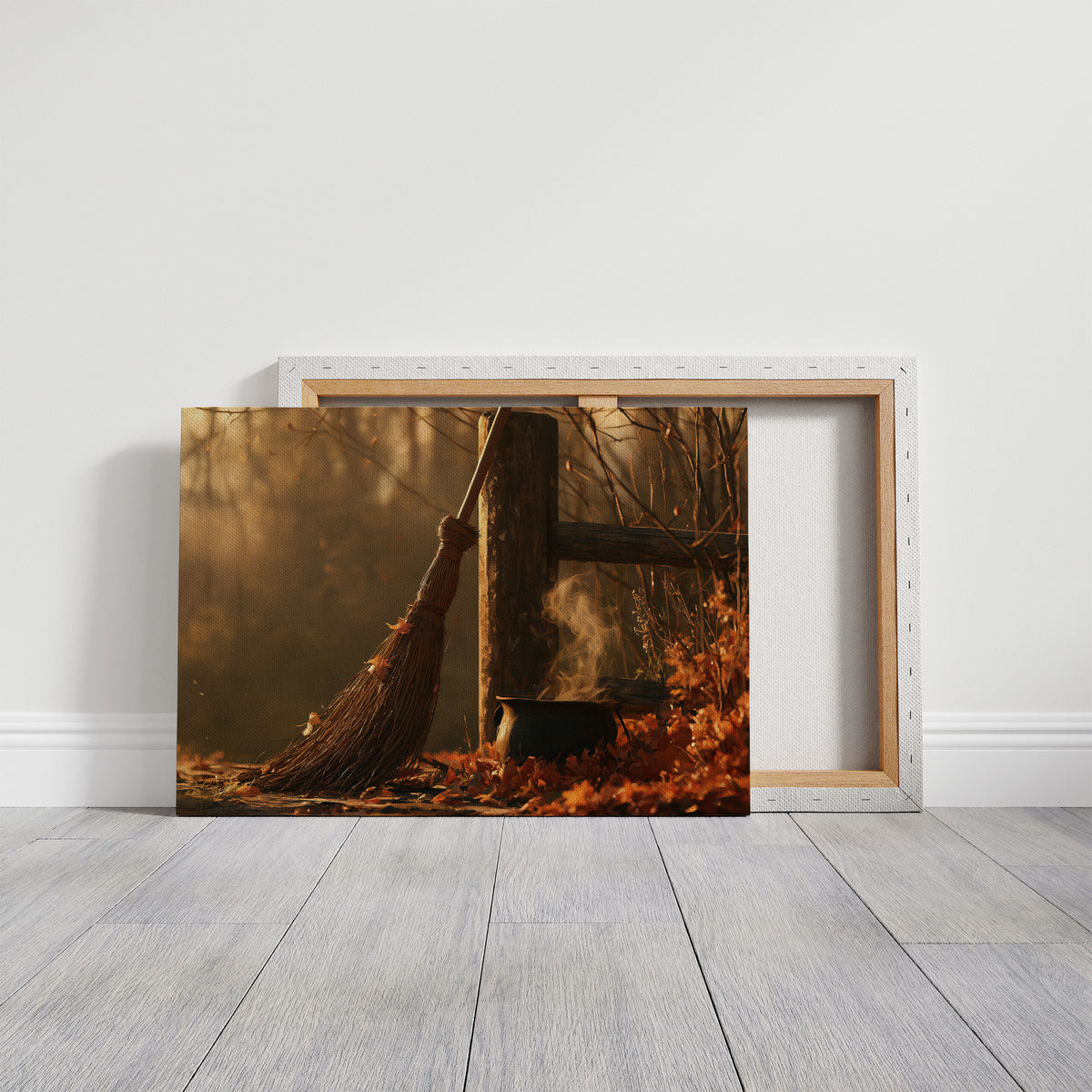 Where the Leaves Lie Down, a wooded path of fallen leaves in amber and rust under soft morning light, on a gallery canvas with wrapped edges leaning against a white wall