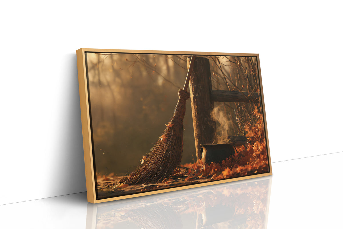 Where the Leaves Lie Down, a wooded path of fallen leaves in amber and rust under soft morning light, as a framed canvas in a natural wood frame