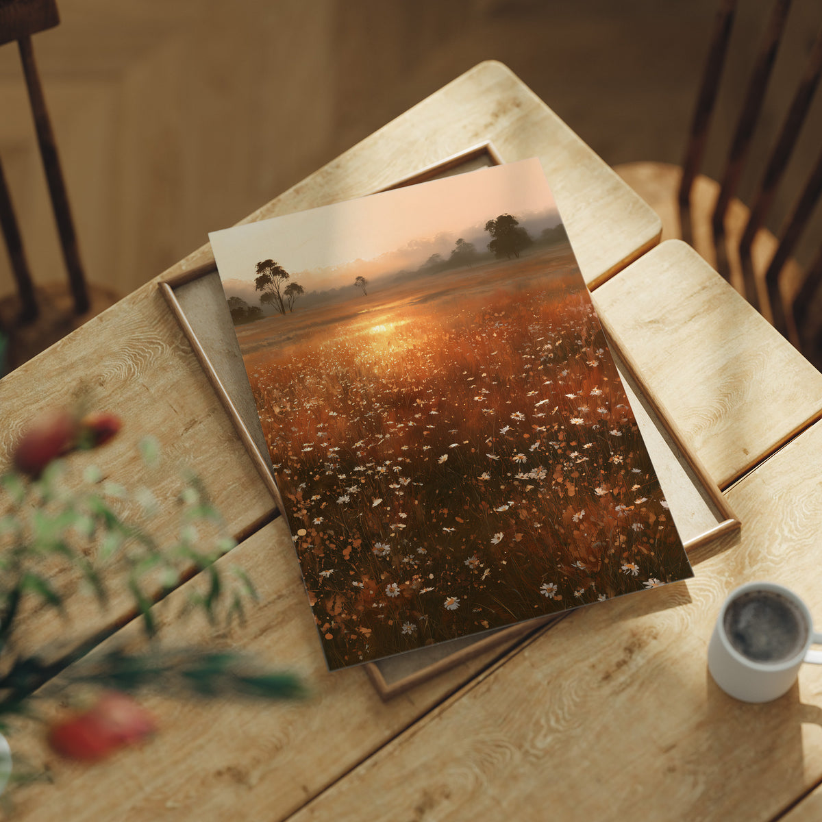 Where the Meadow Holds the Sun, a misty field of wildflowers and grass running toward a low sun, a line of dark trees at the horizon, painted in rust, amber and dusky plum, lying flat on a light wood table beside a coffee cup and red berries