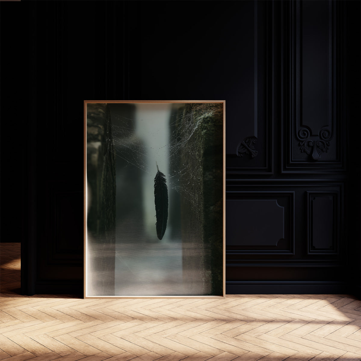 Where the Mist Leaves a Door Open, a narrow path between tall dark trees in pale fog, a single dark cypress at the center, deep green and charcoal moody landscape, on a black paneled wall with sunlit herringbone floor