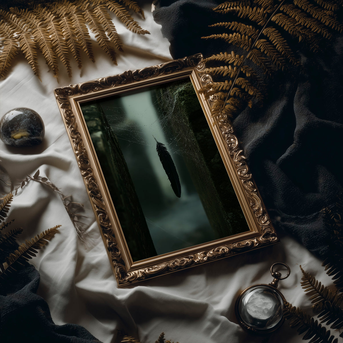 Where the Mist Leaves a Door Open, a narrow path between tall dark trees in pale fog, a single dark cypress at the center, deep green and charcoal moody landscape, in an antique gold frame laid on white linen with ferns and a pocket watch