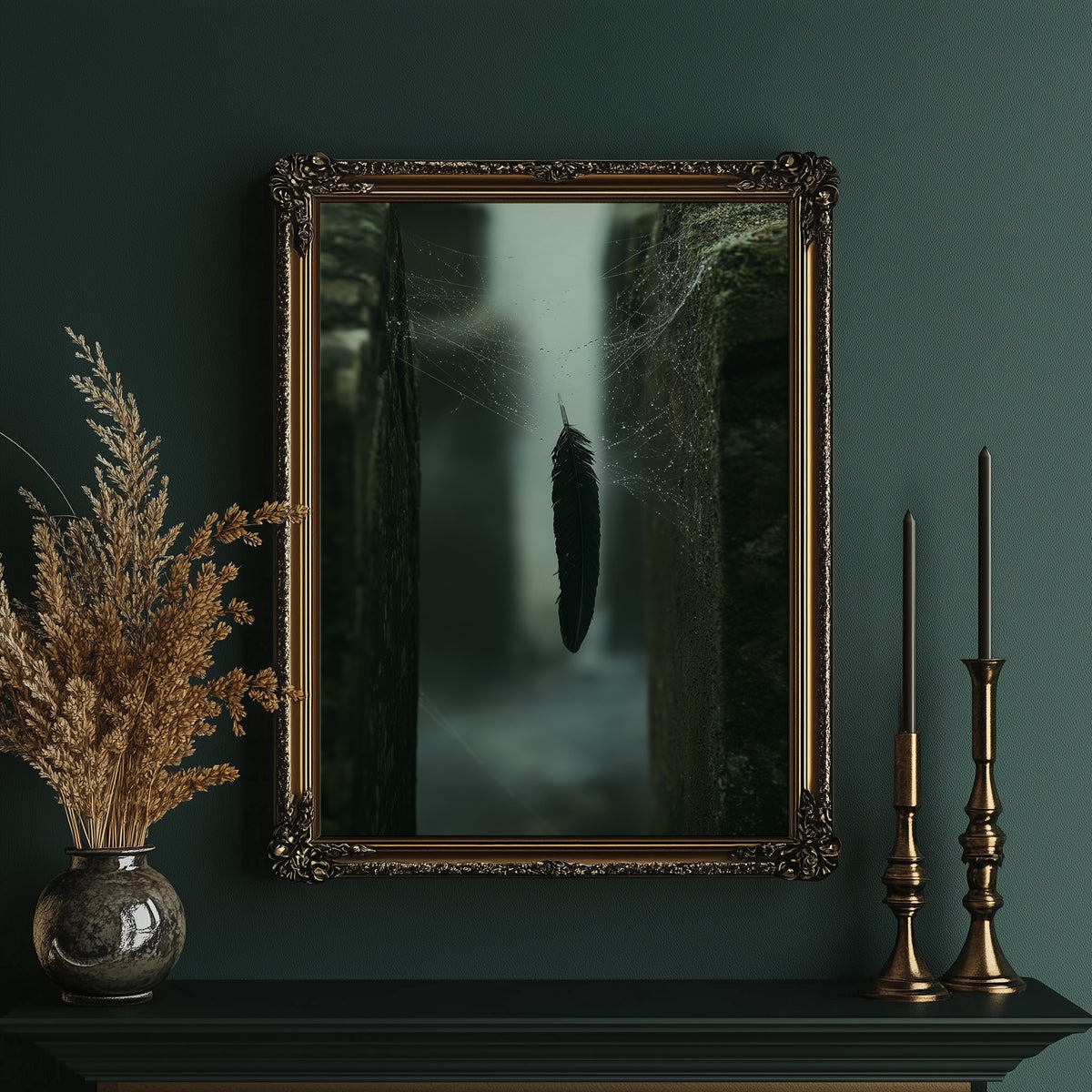 Where the Mist Leaves a Door Open, a narrow path between tall dark trees in pale fog, a single dark cypress at the center, deep green and charcoal moody landscape, in an ornate gold frame on a deep green wall beside brass candlesticks