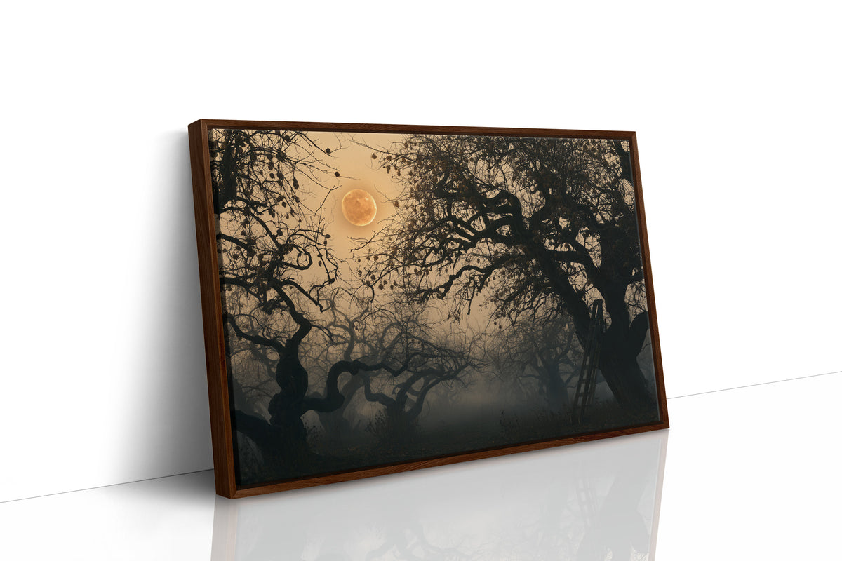 Where the Old Oak Keeps Watch, a bare twisted tree silhouetted against an amber full moon above a misty dark forest, as a framed canvas in a brown frame