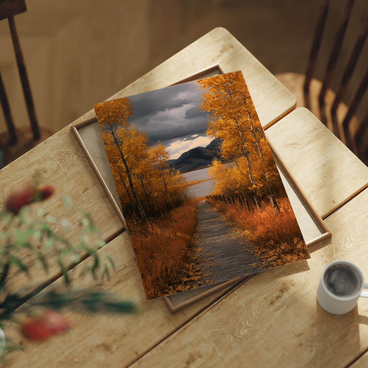 Where the Storm Lets Go of the Lane, a dirt lane between gold birches toward soft mountains under a clearing gray sky, painted in amber, slate and rust, lying flat on a light wood table beside a coffee cup and red berries
