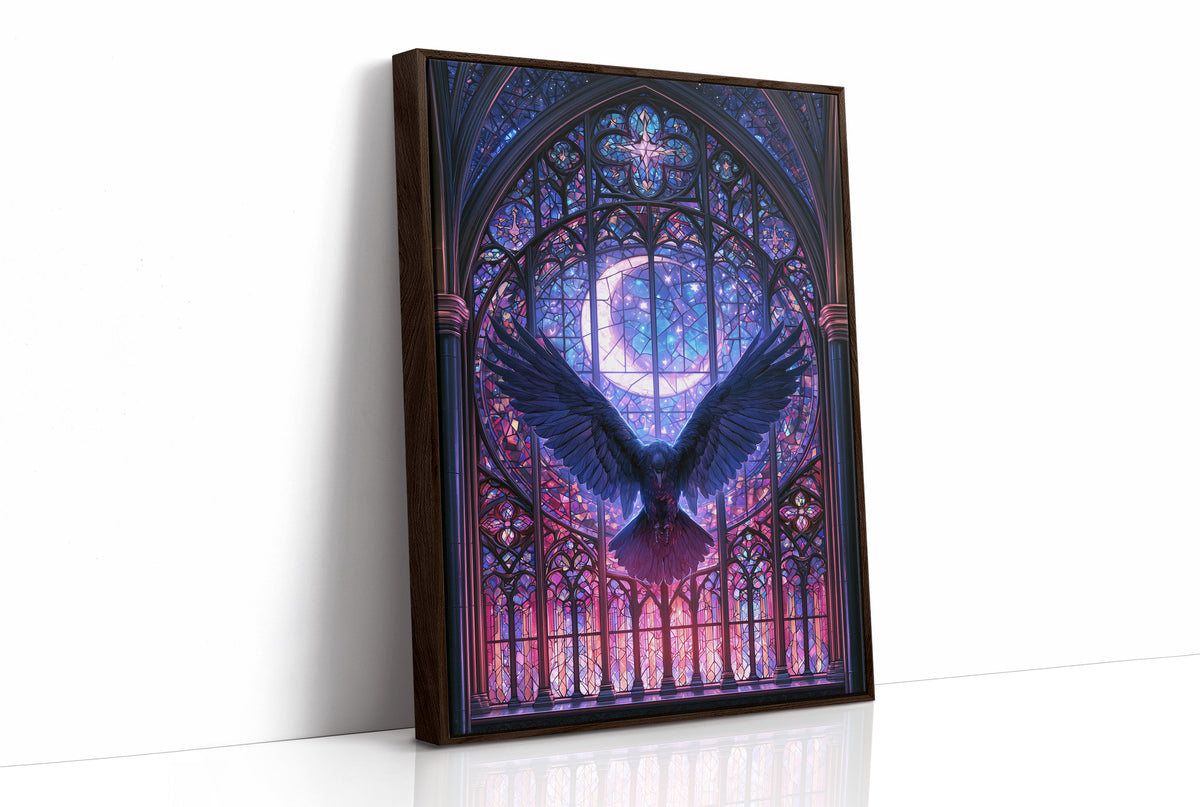 Wings Behind the Stained Pane, a raven with spread wings silhouetted against a crescent moon in a violet stained glass window, painted in indigo, plum and pale moon silver, as a framed canvas in a brown frame