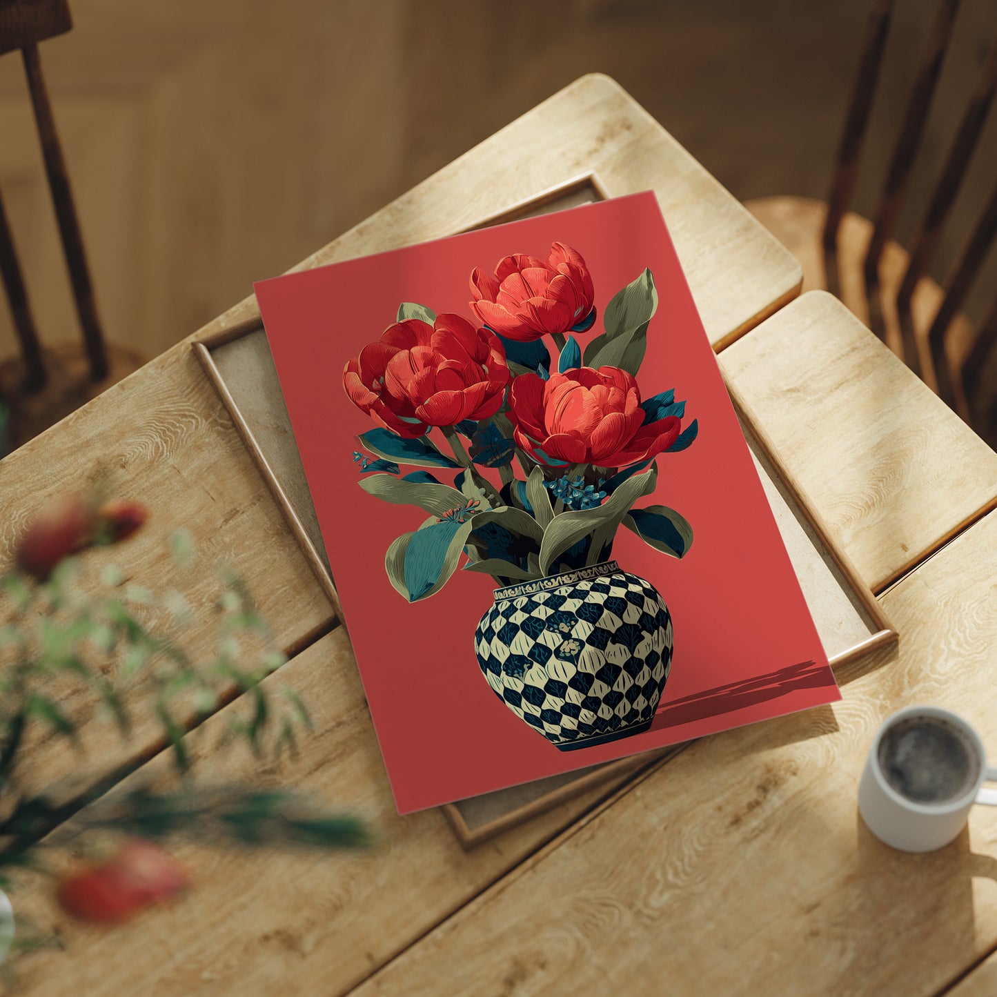 Red Tulips in a Traveled Vase
