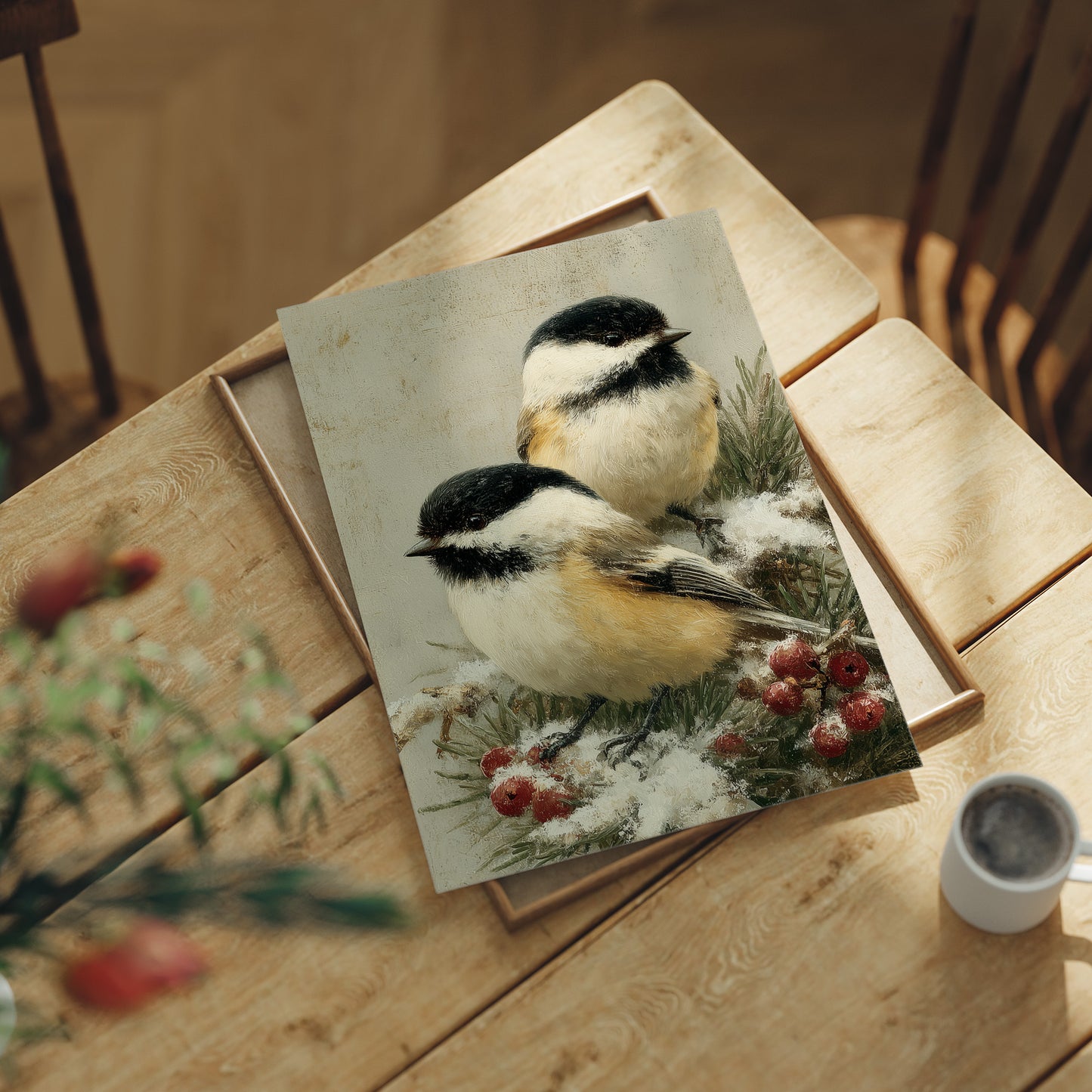 Two Chickadees in Snow
