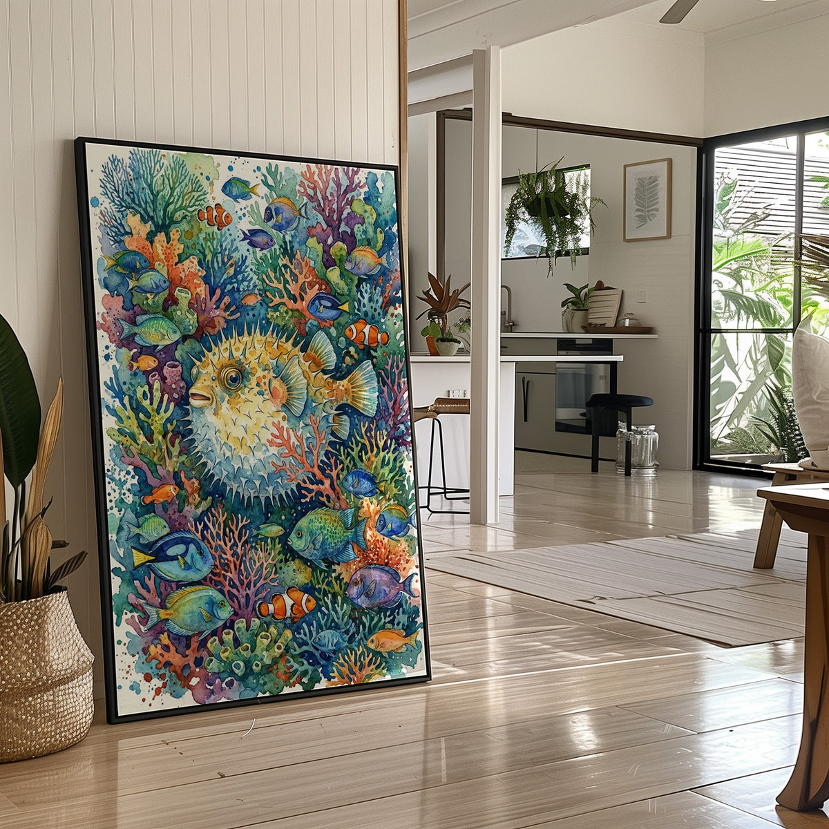 Puffed Up: Watercolor Pufferfish Reef Scene