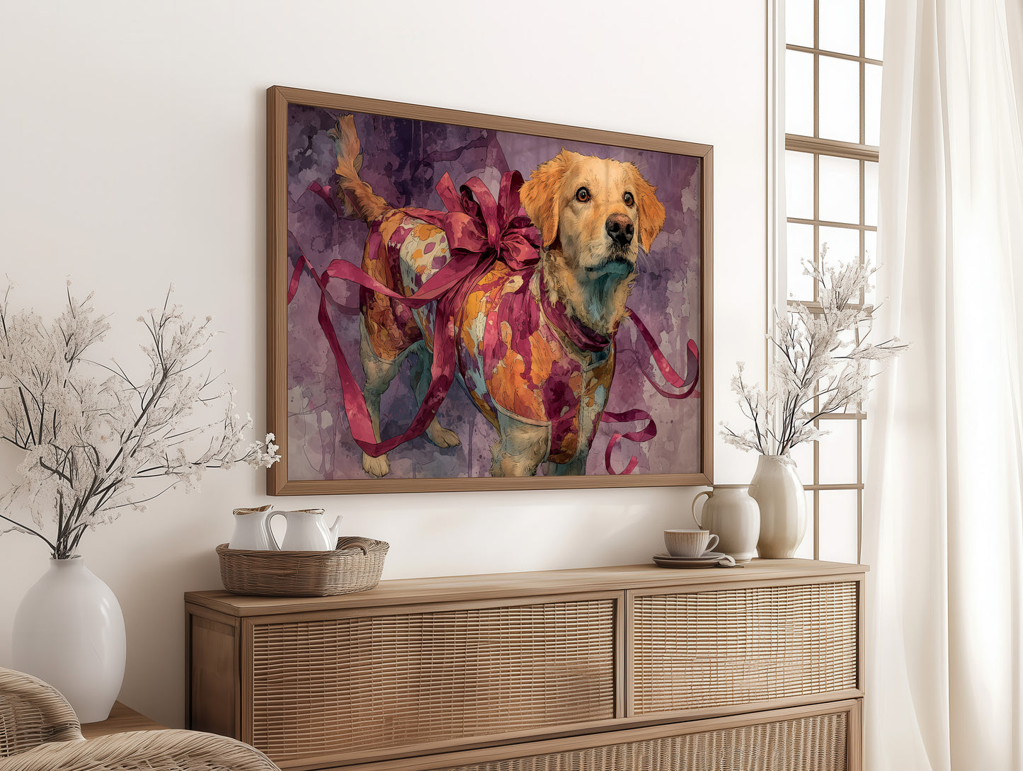 Golden Retriever Wrapped in Ribbon