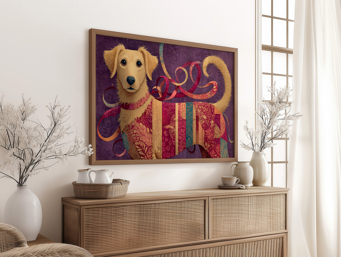 Golden Puppy in Patchwork Ribbons