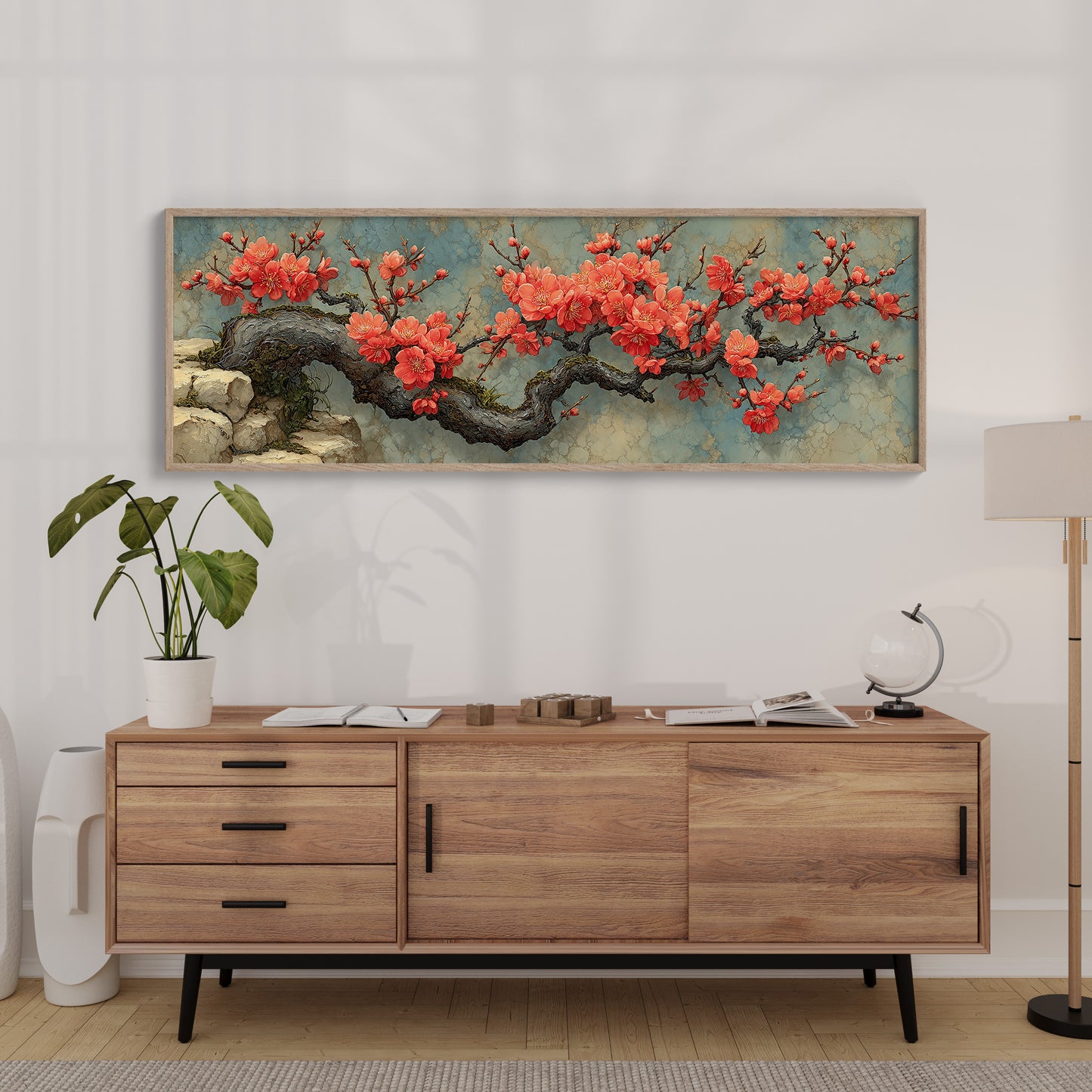Crimson Blossoms On Ancient Wood