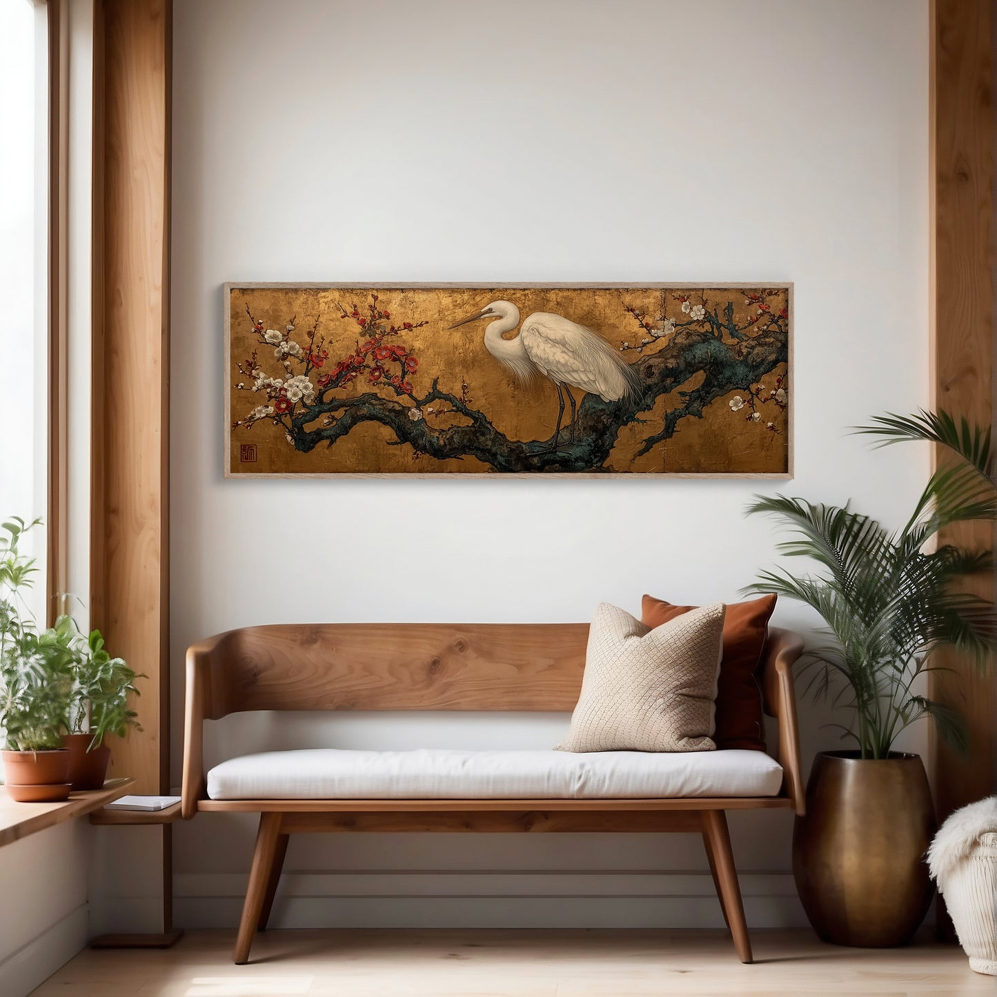 Egret Among Crimson Plum Blossoms