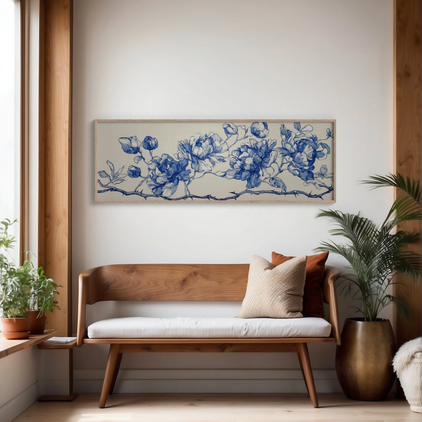 Blue Ink Roses On Thorned Vine