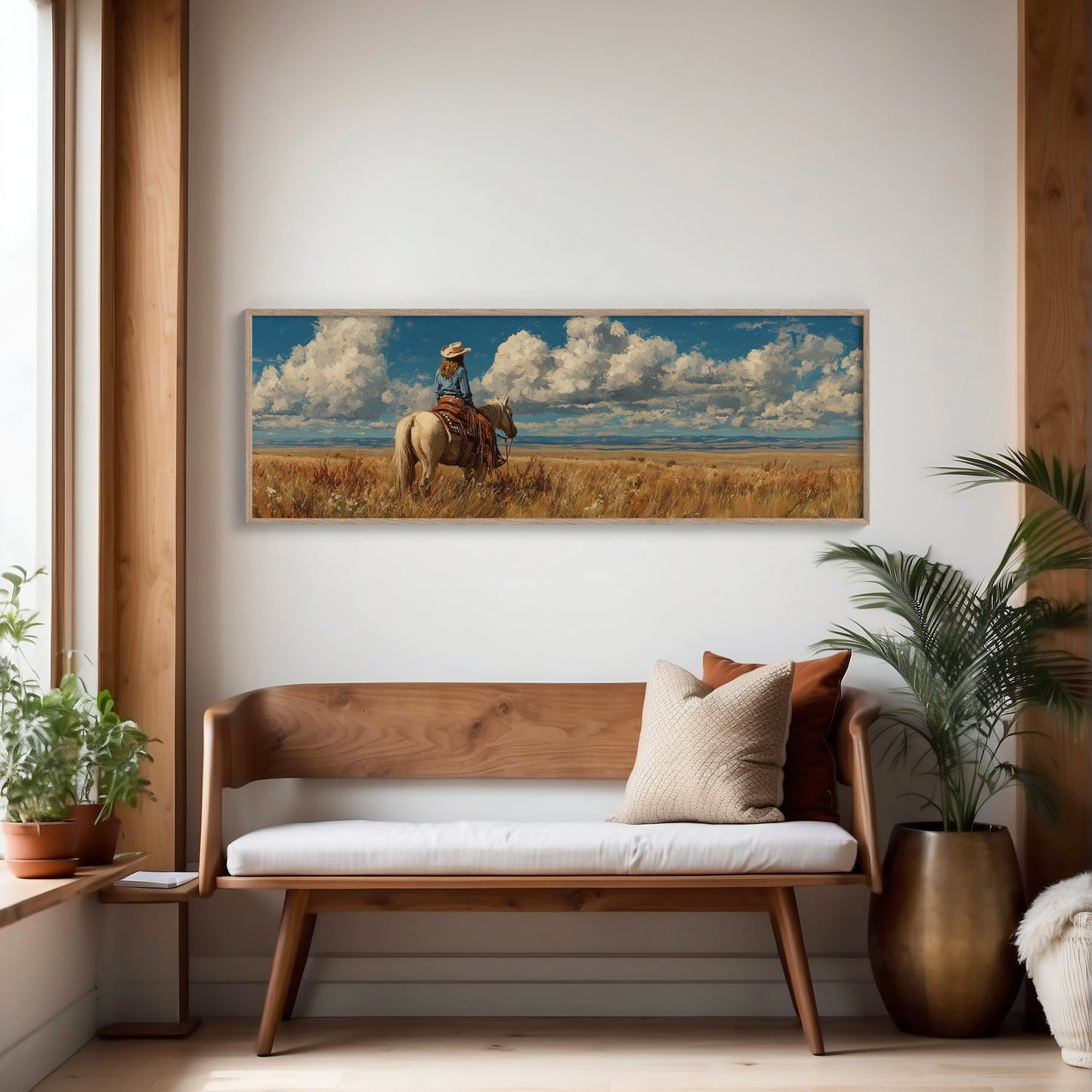 Cowgirl on Horse Overlooking Wide Western Prairie