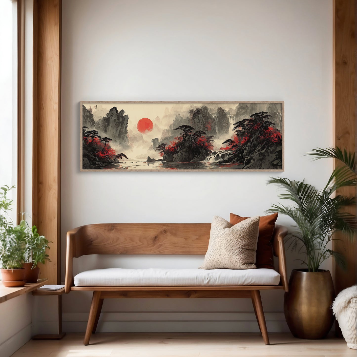 Crimson Trees Beneath a Rising Sun