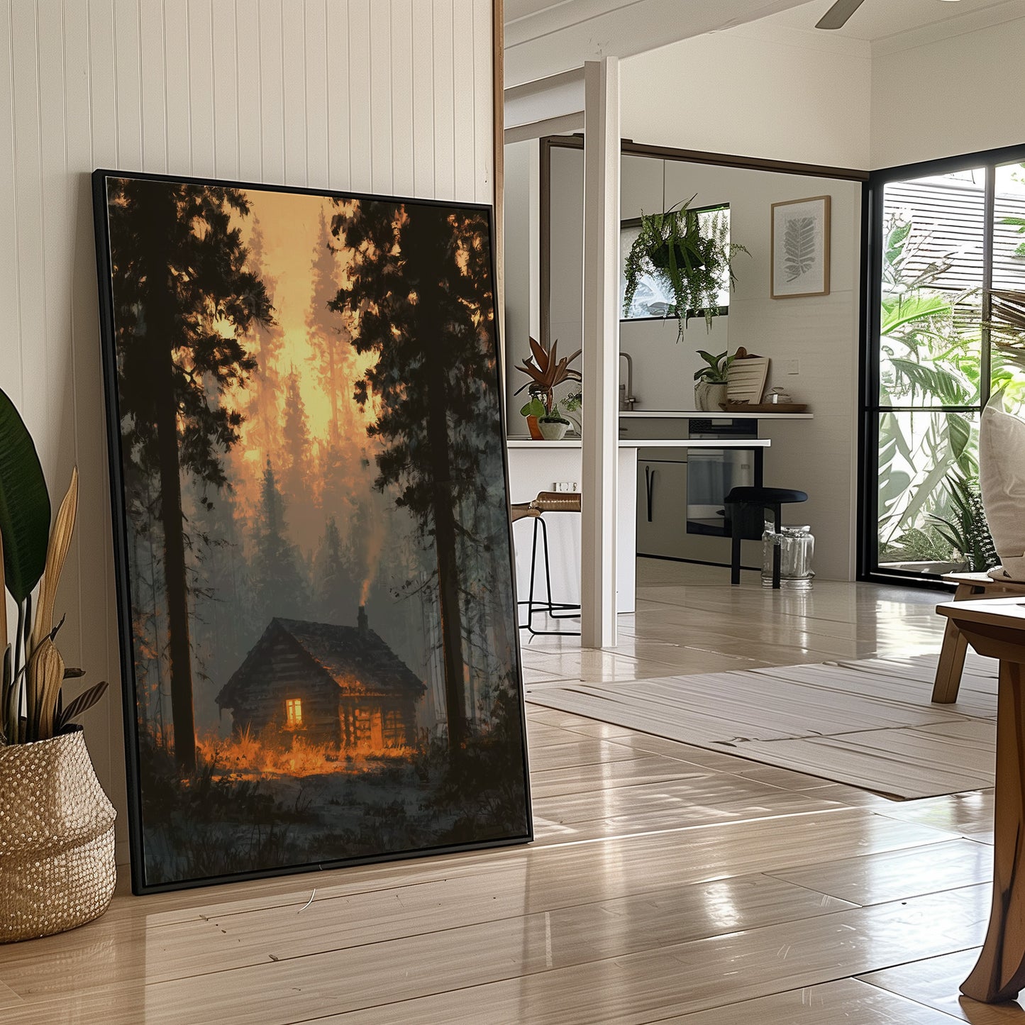 Cabin Glowing In Forest Fire Light