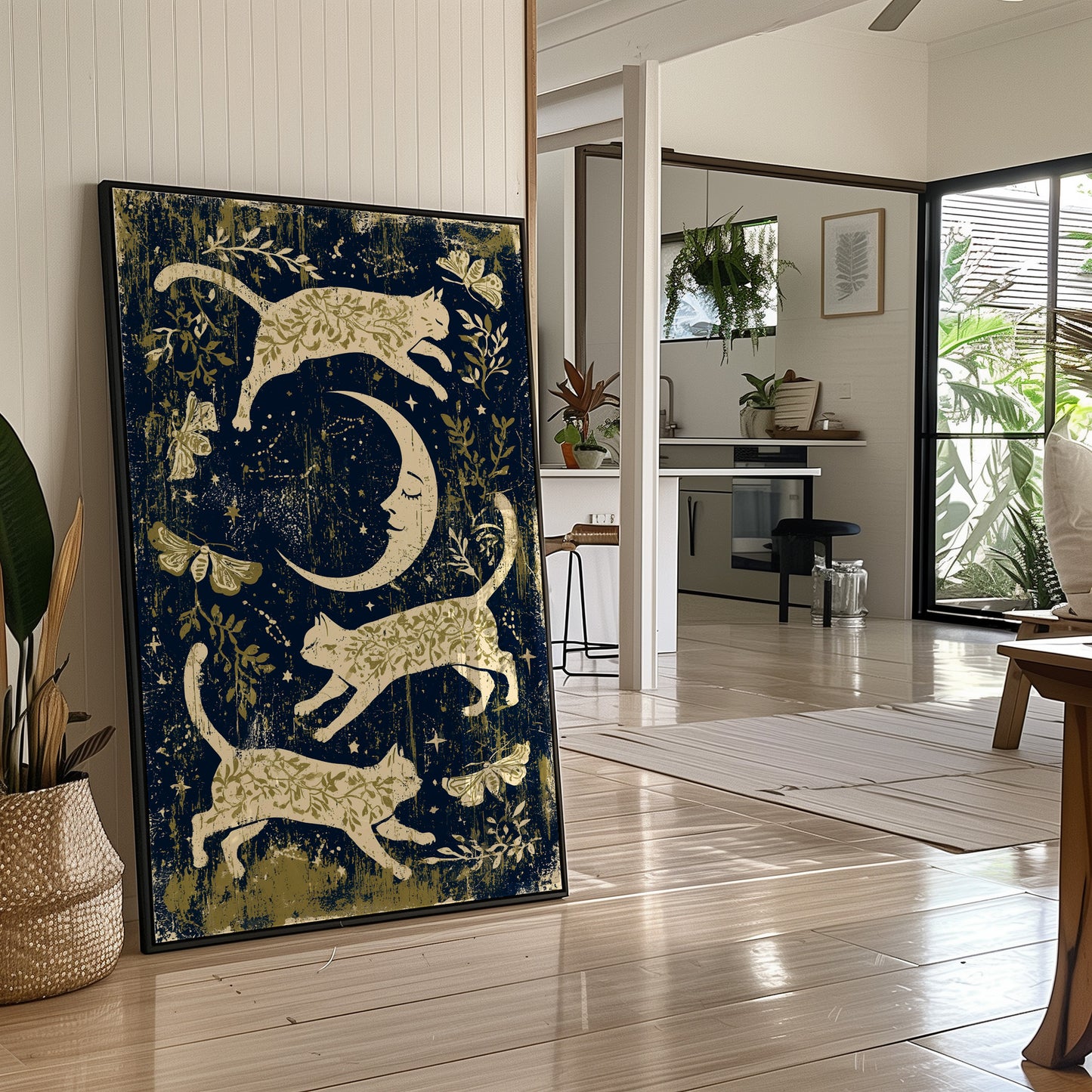 Cats Leaping Around Crescent Moon