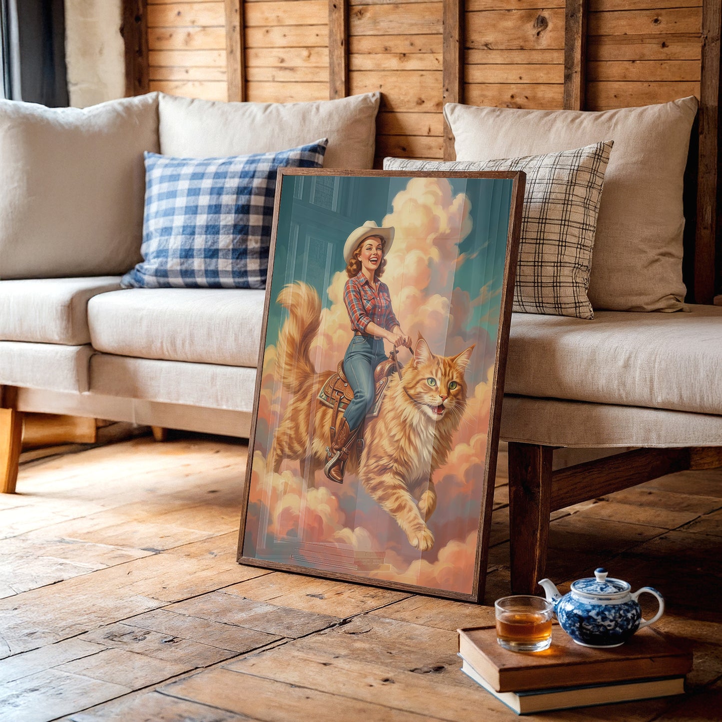 Cowgirl on a Giant Cat — Painted Western Fantasy Print