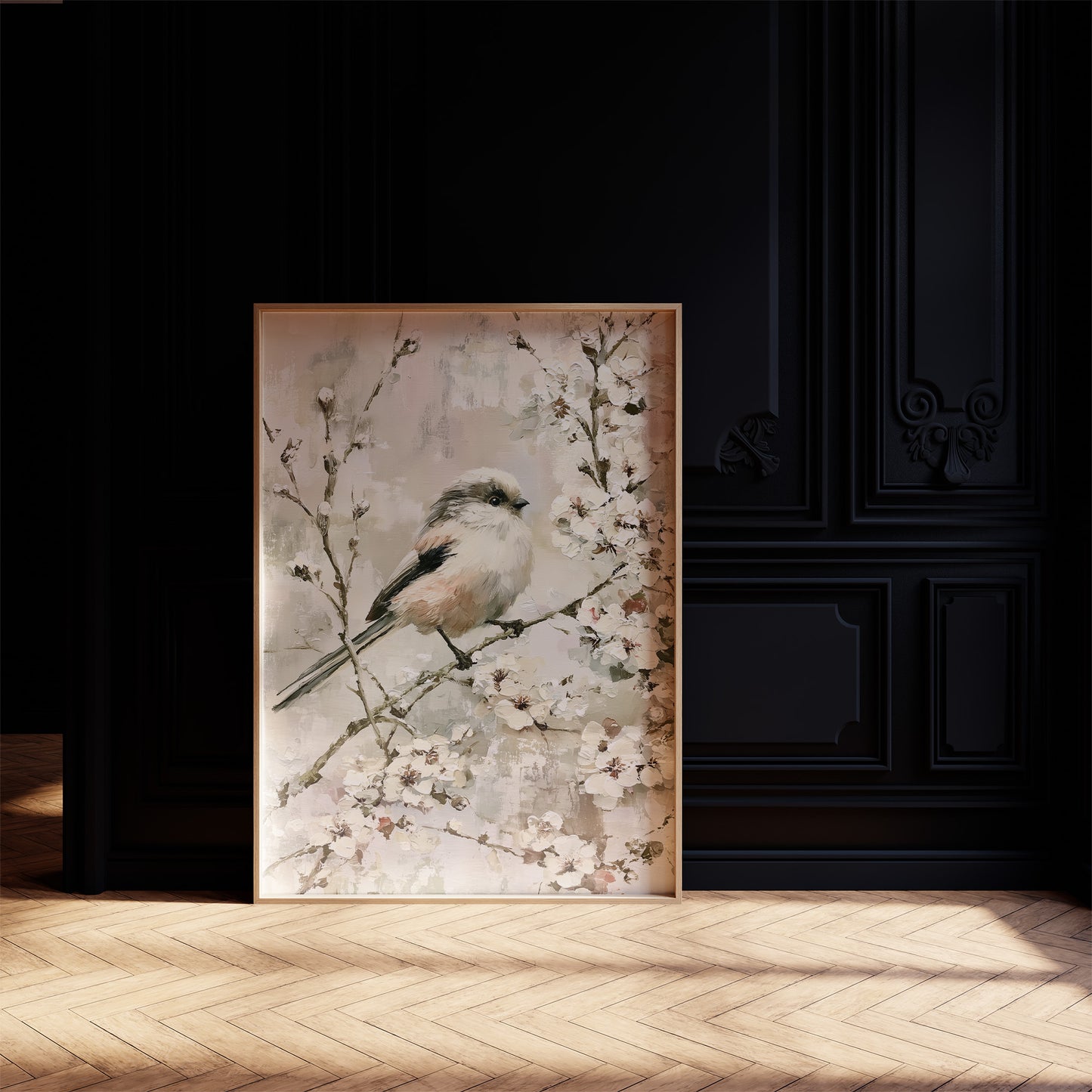 Long-Tailed Tit in Cherry Blossoms — Impasto Bird Painting