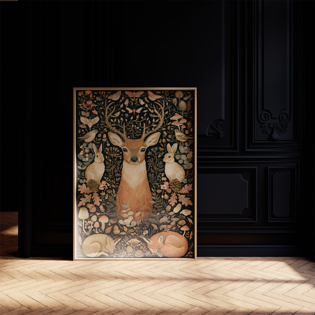 Woodland Tapestry — Blush and Gold Forest Creatures