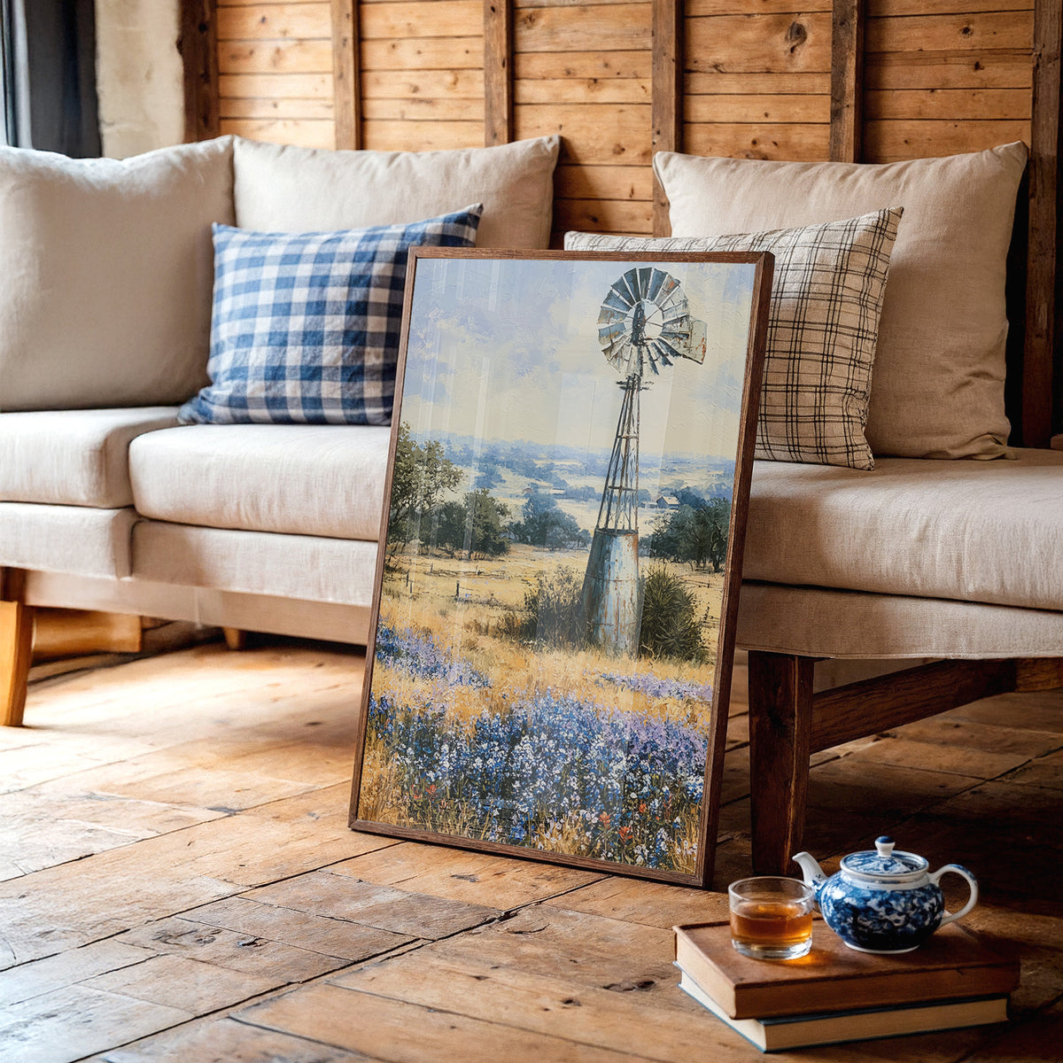 Windmill and Bluebonnets — Midday Hill Country Oil Print
