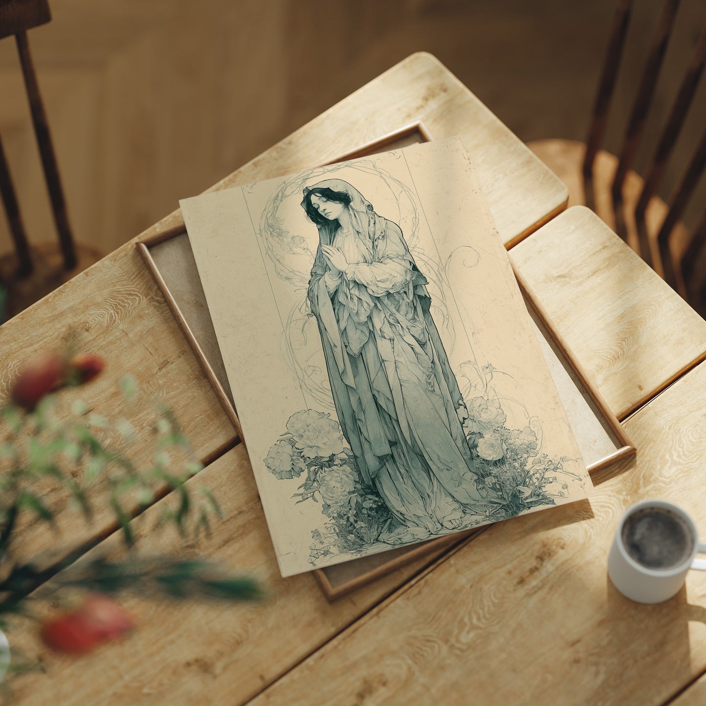 Madonna Among Peonies — Pre-Raphaelite Devotional Drawing