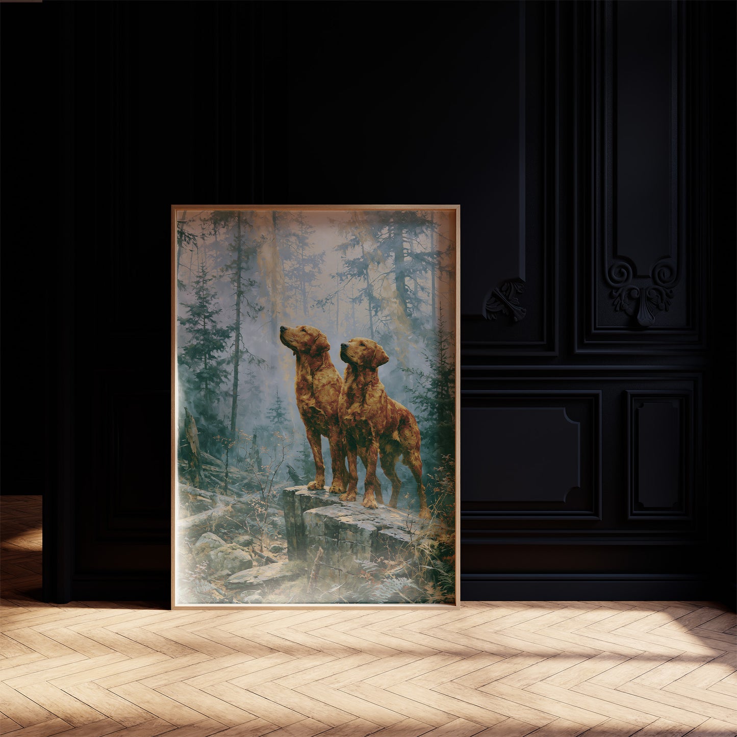 Retrievers Gazing Skyward in the Blue Forest