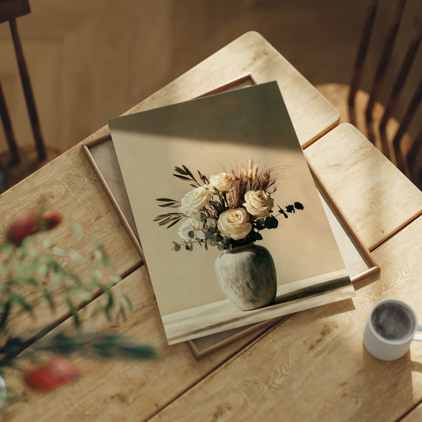 Cream Roses & Eucalyptus in Shadow Light