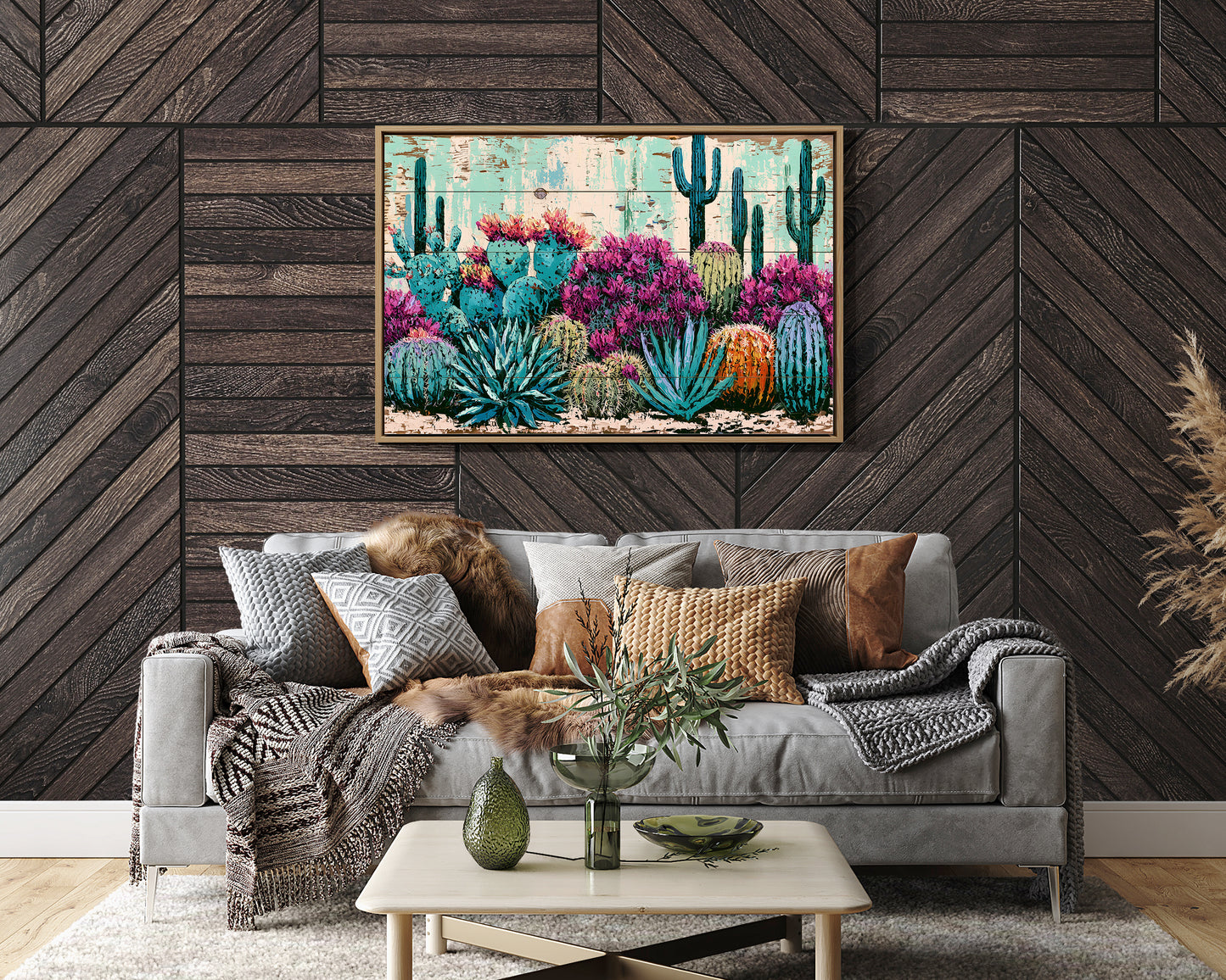 Turquoise Cactus and Fuchsia Blooms