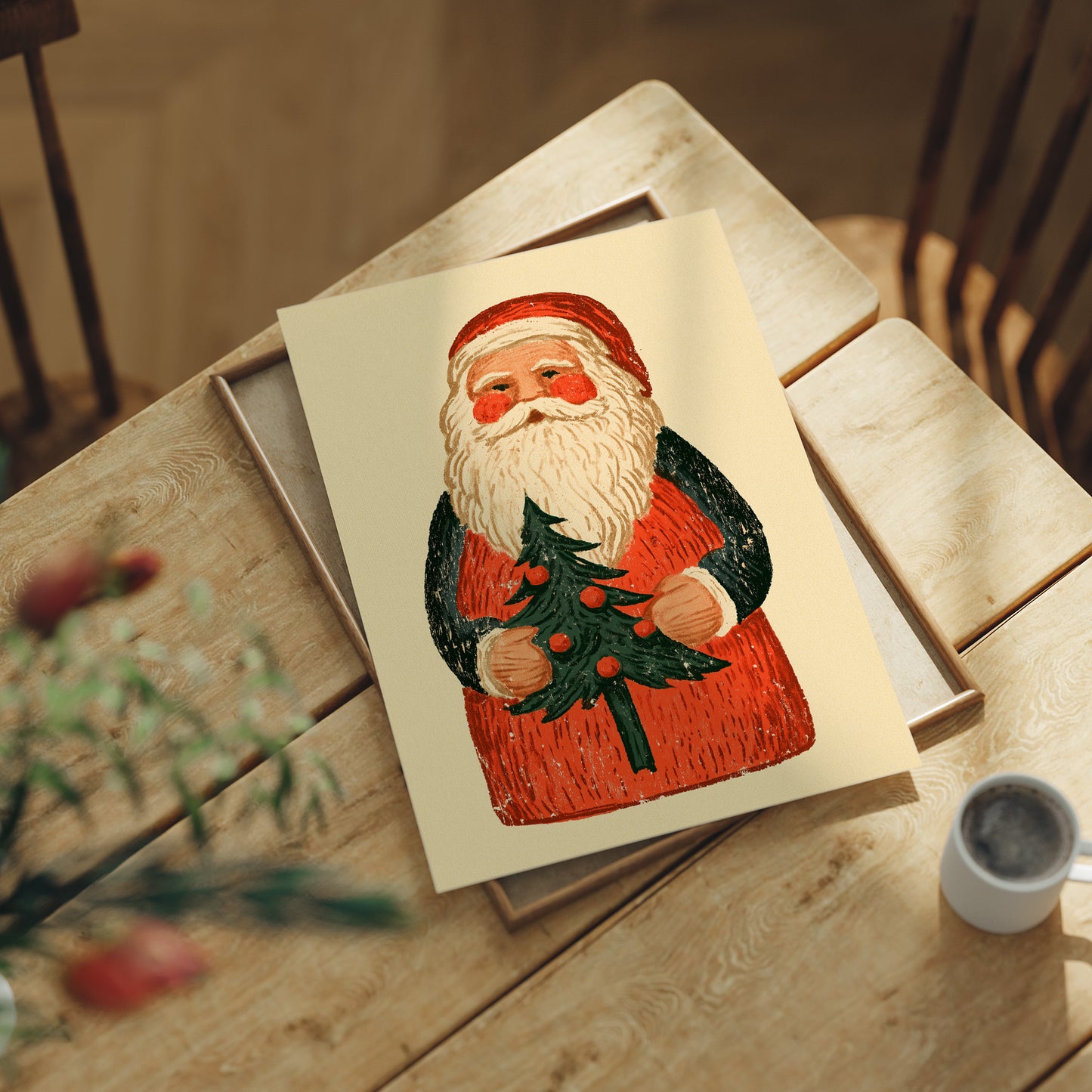 Folk Carved Santa & Tree