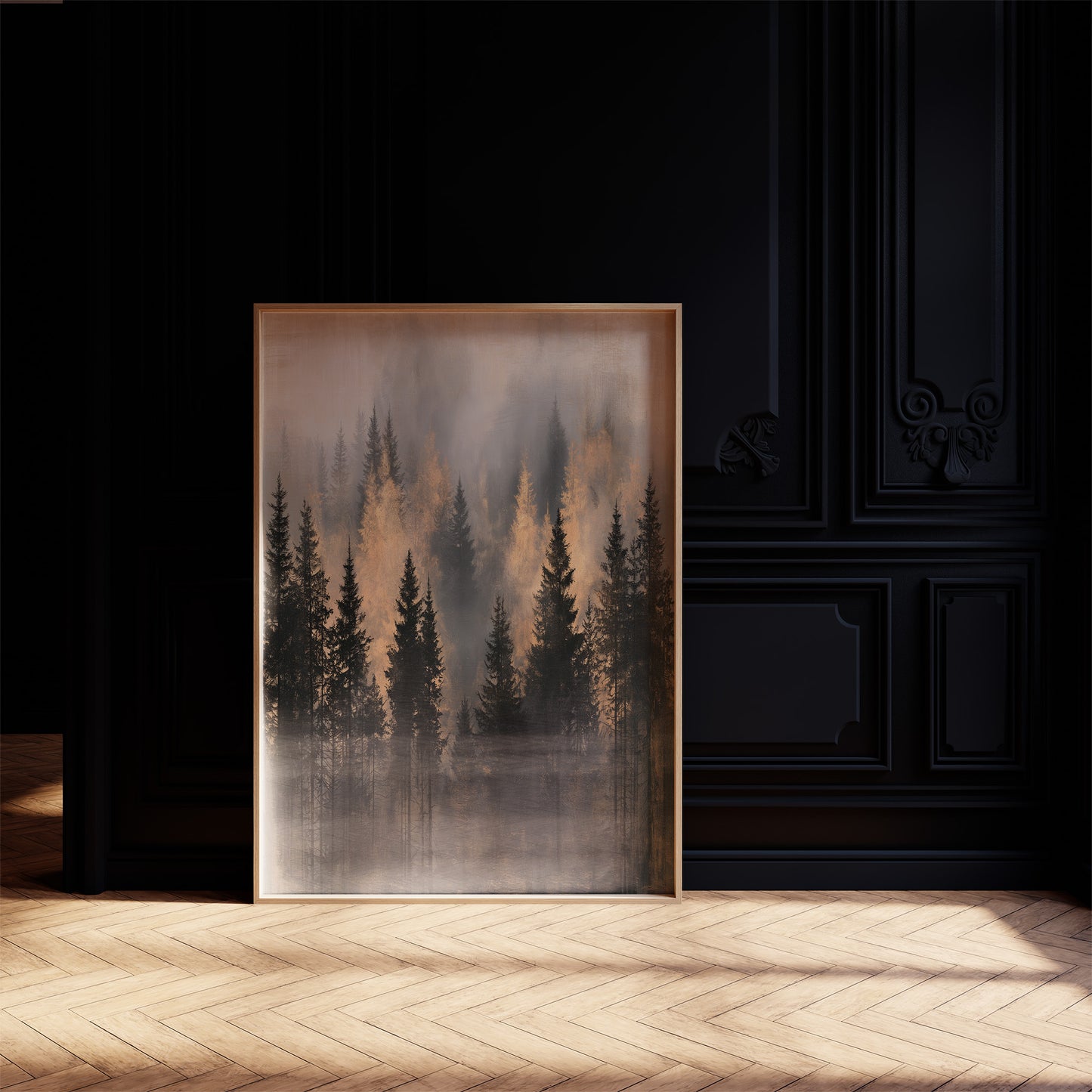 Pines Rising Through Amber Mist