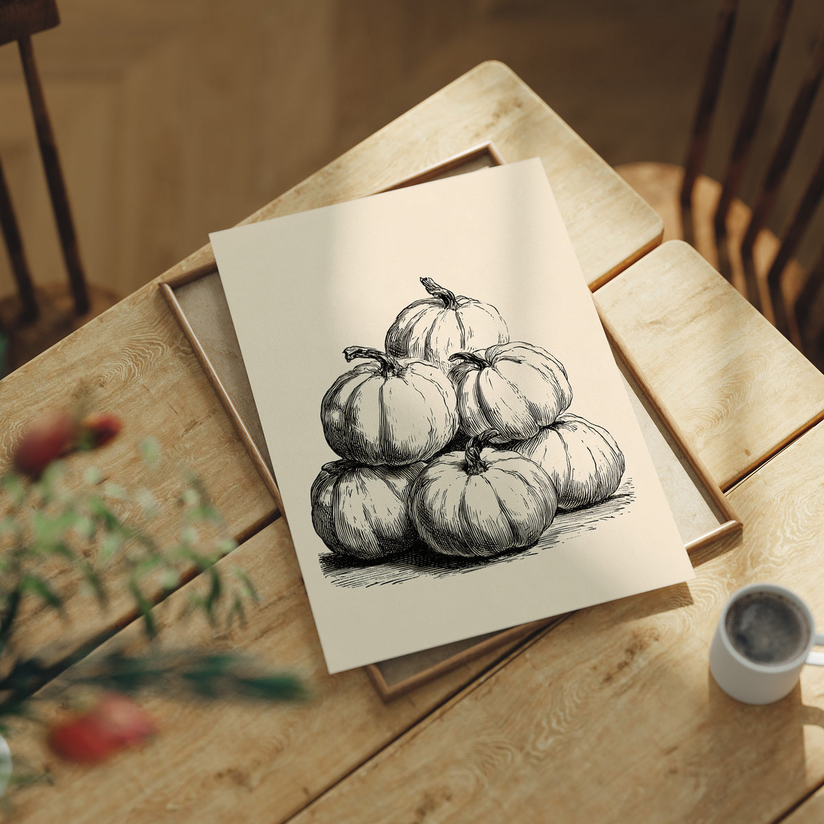 Gourd Squad, Stacked And Unbothered, print laid on a wooden table beside a white mug and flowers