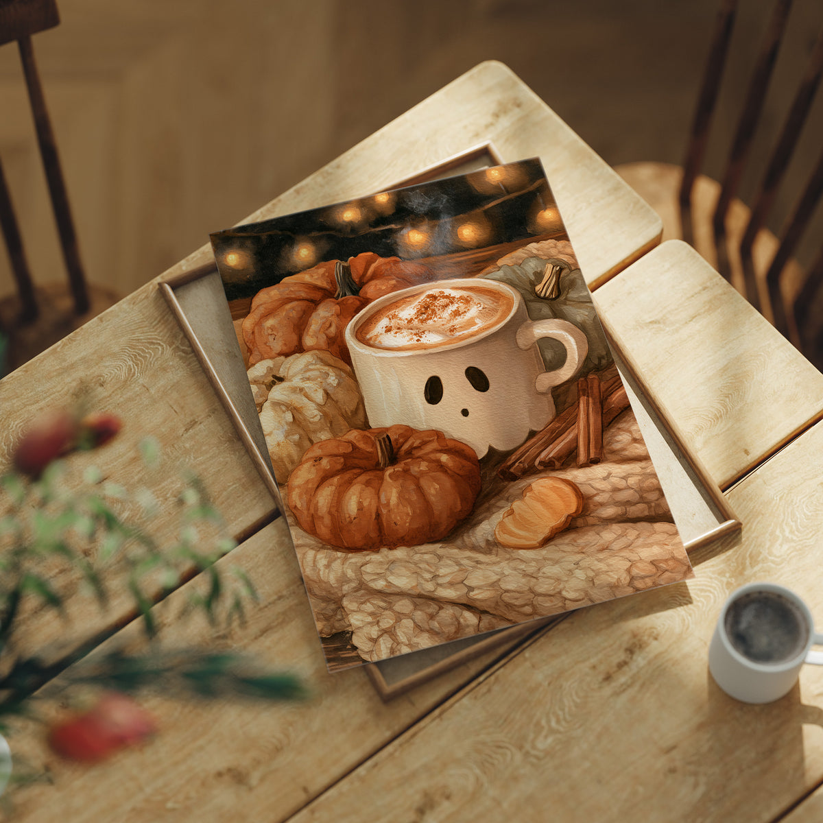 Pumpkin Spice And Everything Boo, print laid on a wooden table beside a white mug and flowers