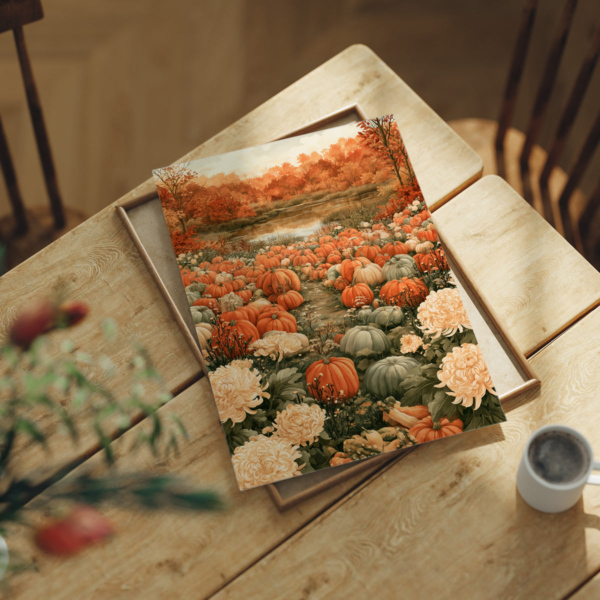 Mums The Word In The Pumpkin Patch, print laid on a wooden table beside a white mug and flowers