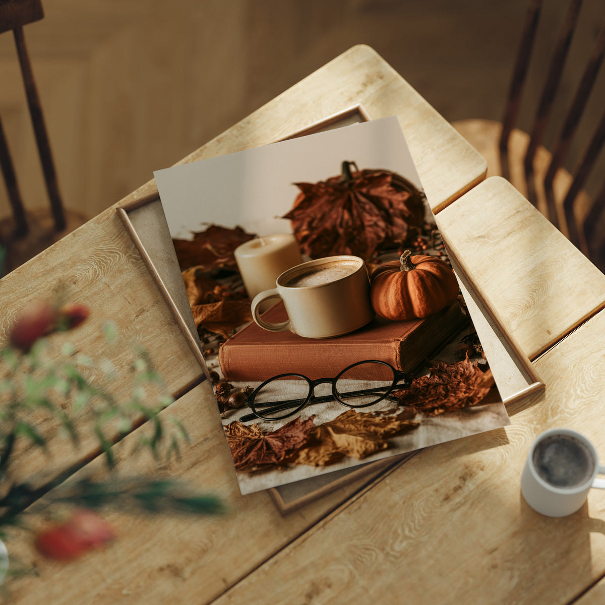 Novel Idea: More Coffee, print laid on a wooden table beside a white mug and flowers