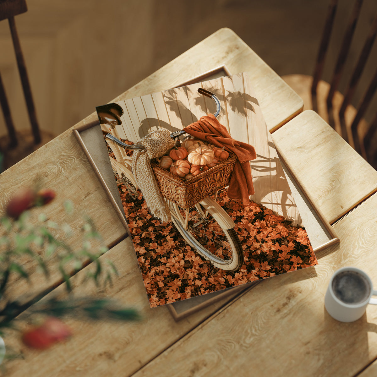 Gourd Delivery, Pedal Powered, print laid on a wooden table beside a white mug and flowers