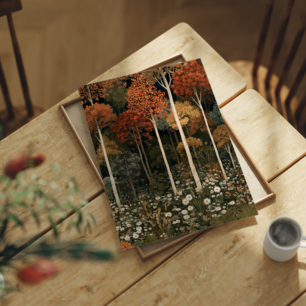 Birch Please, It’s Fall, print laid on a wooden table beside a white mug and flowers