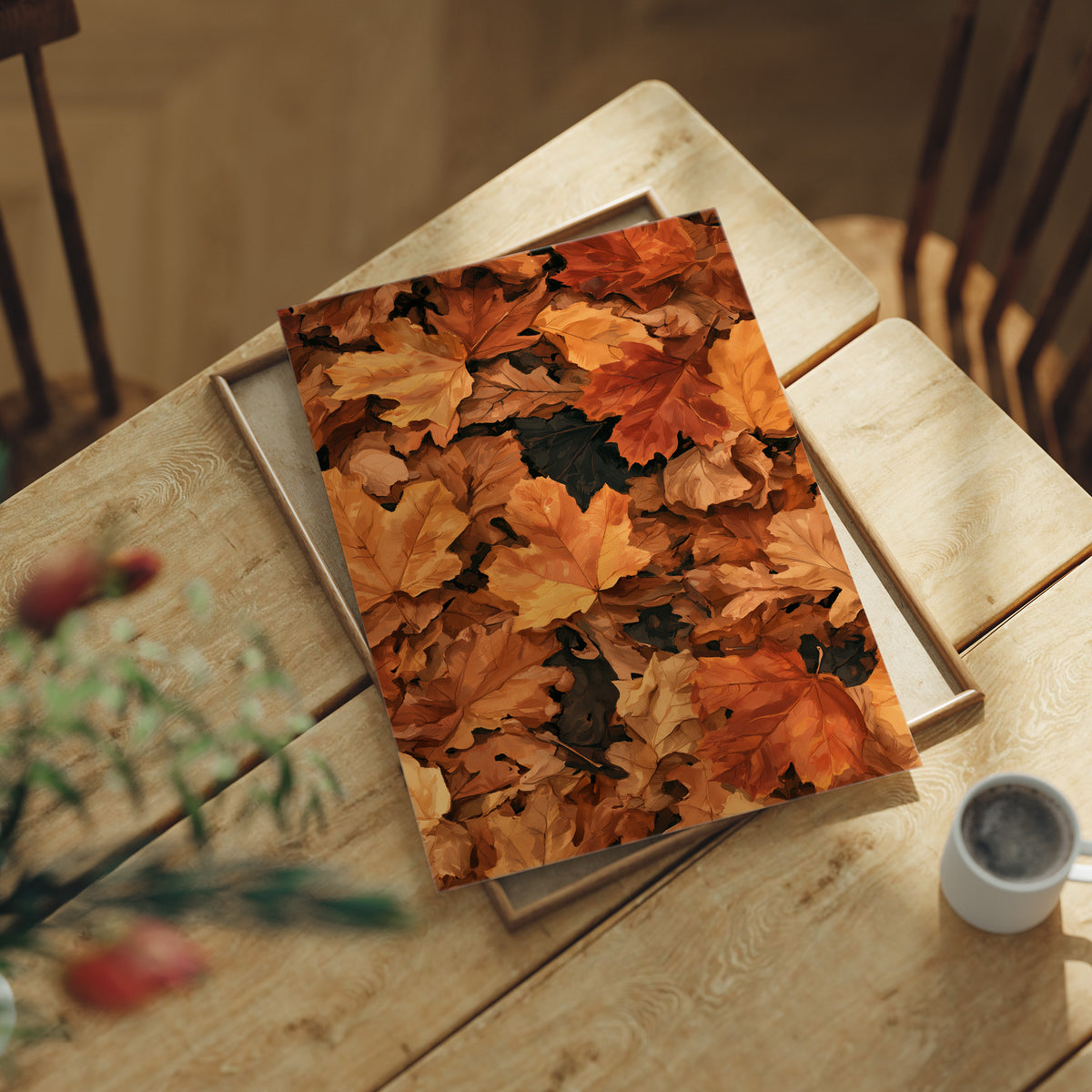 Fall Back And Relax, print laid on a wooden table beside a white mug and flowers