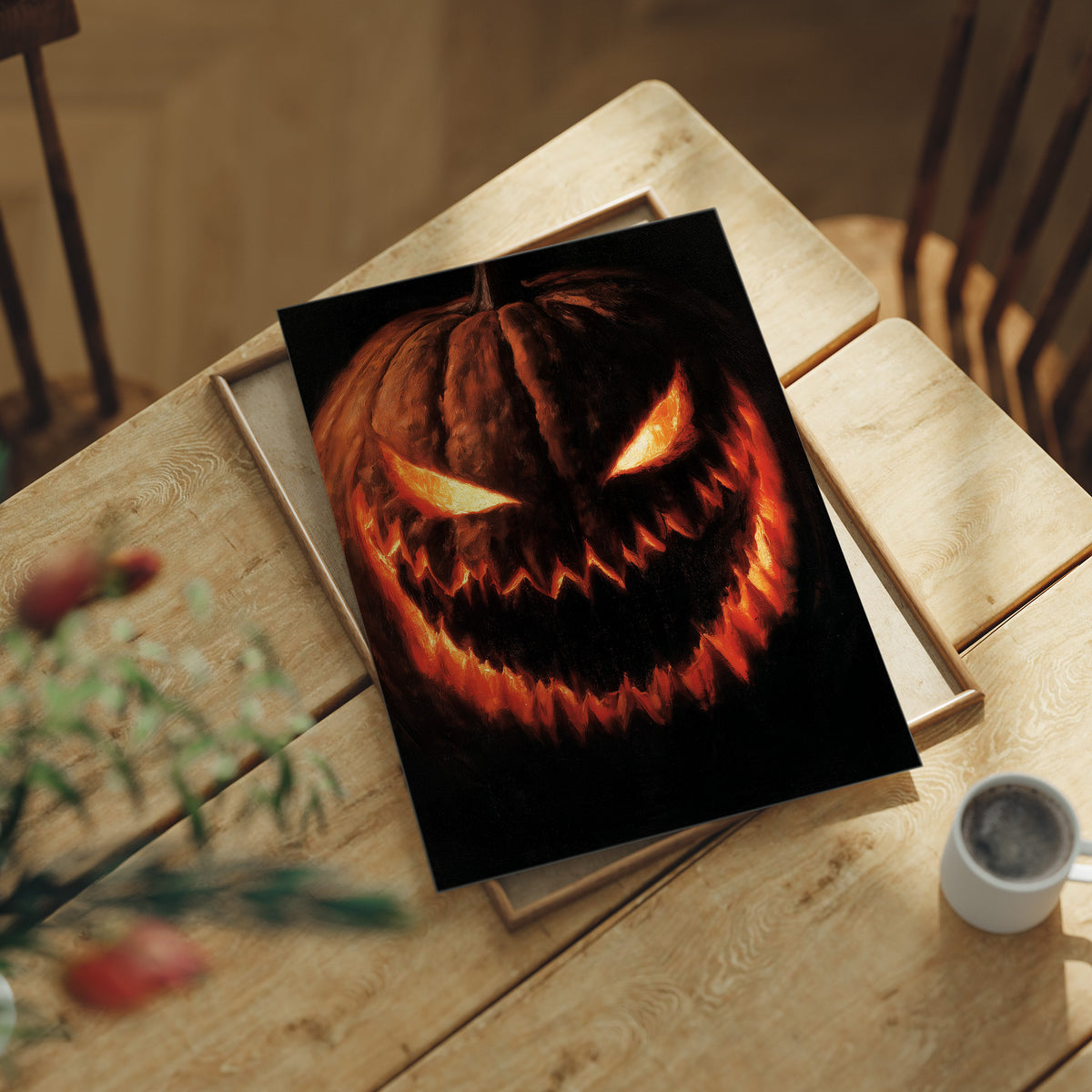 Grin And Bear The Fright, print laid on a wooden table beside a white mug and flowers