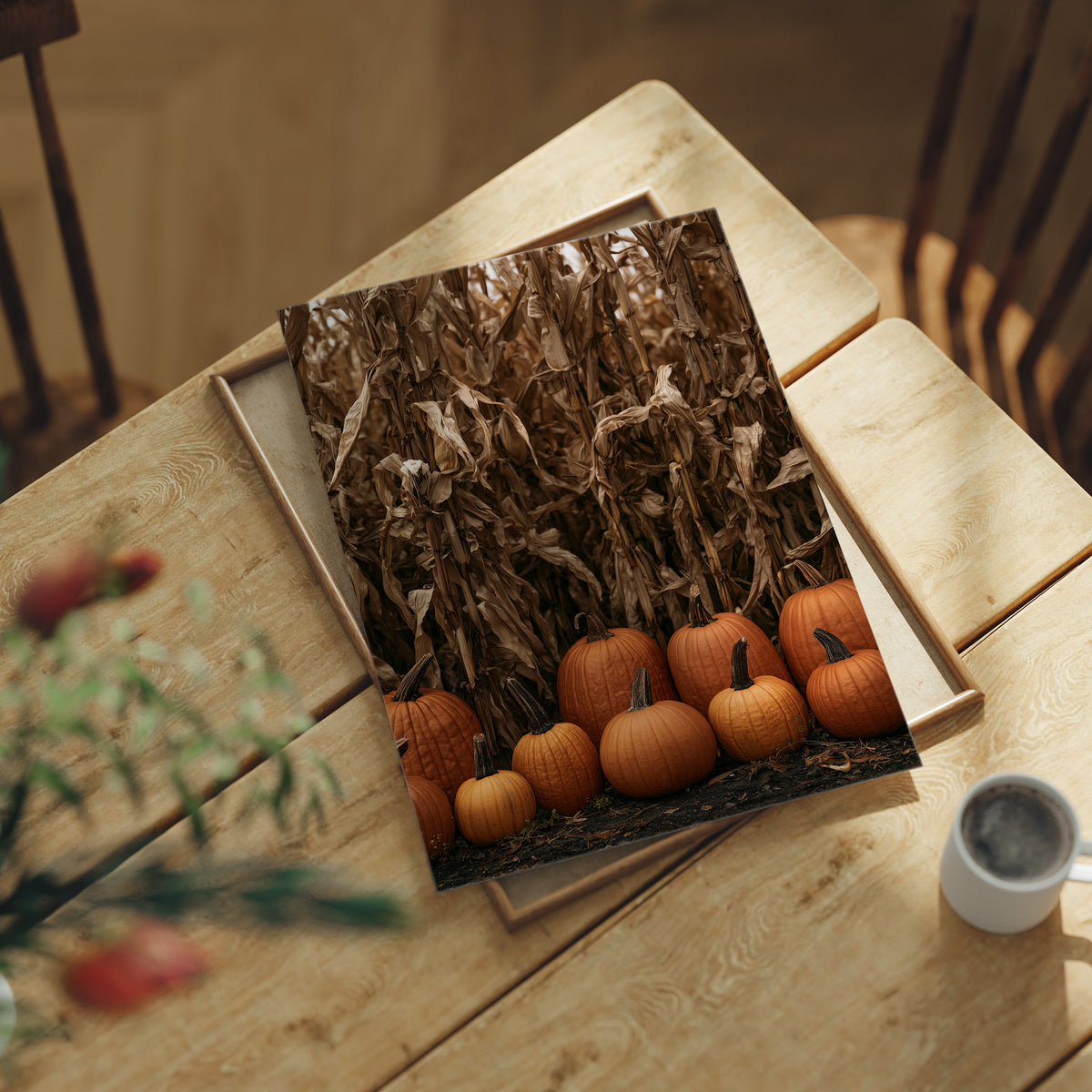 Lineup At The Corn Maze, print laid on a wooden table beside a white mug and flowers