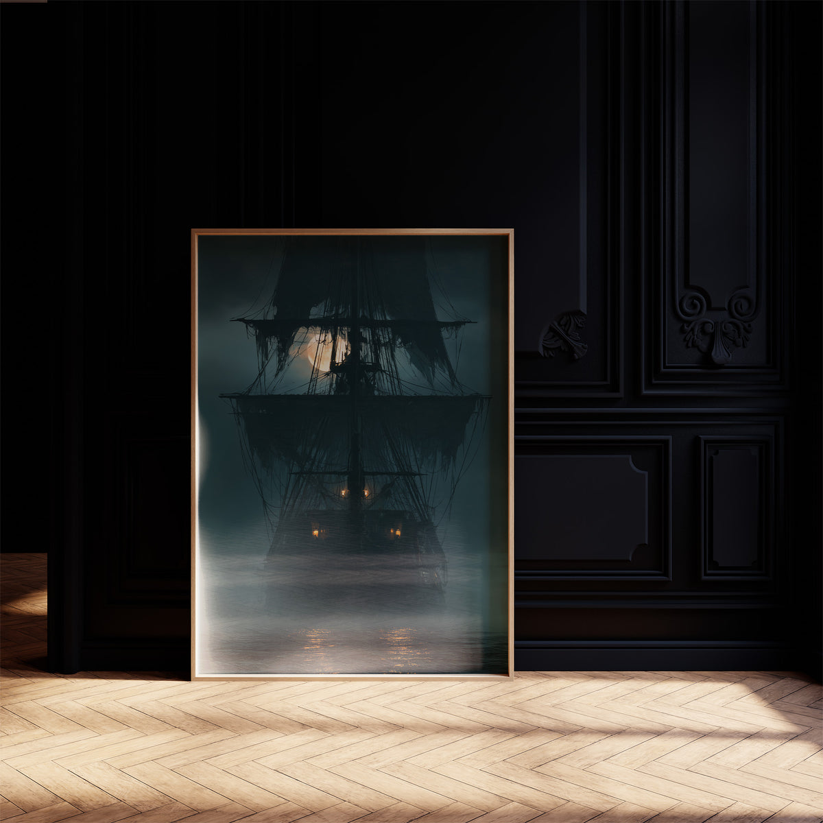 Ghost Ship Arriving Fashionably Late, print laid on a wooden table beside a white mug and flowers