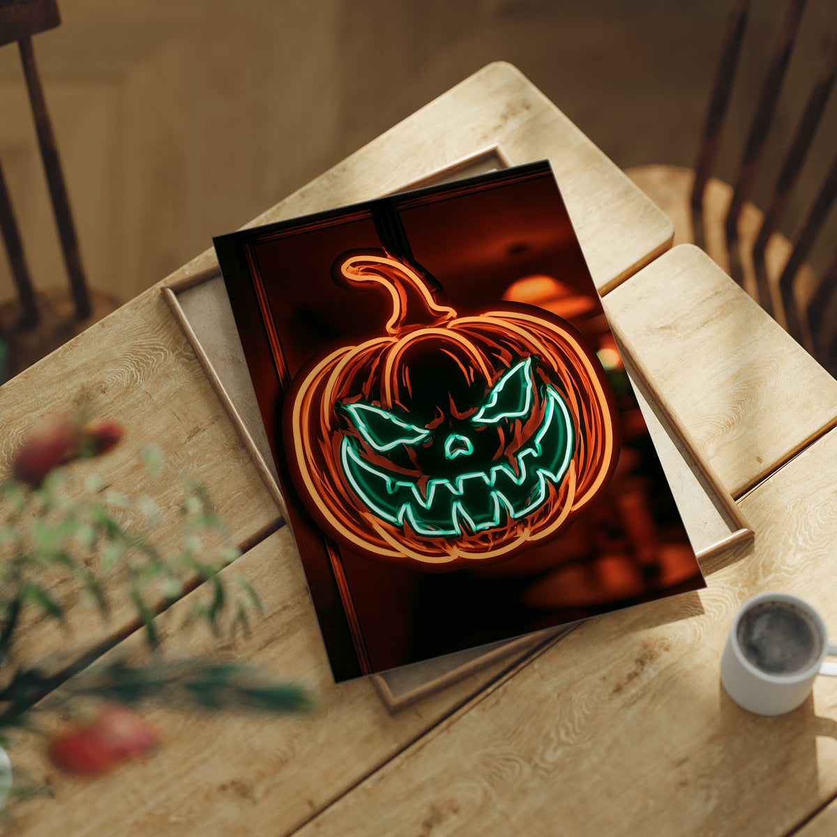 Window Display: Do Not Disturb, print laid on a wooden table beside a white mug and flowers