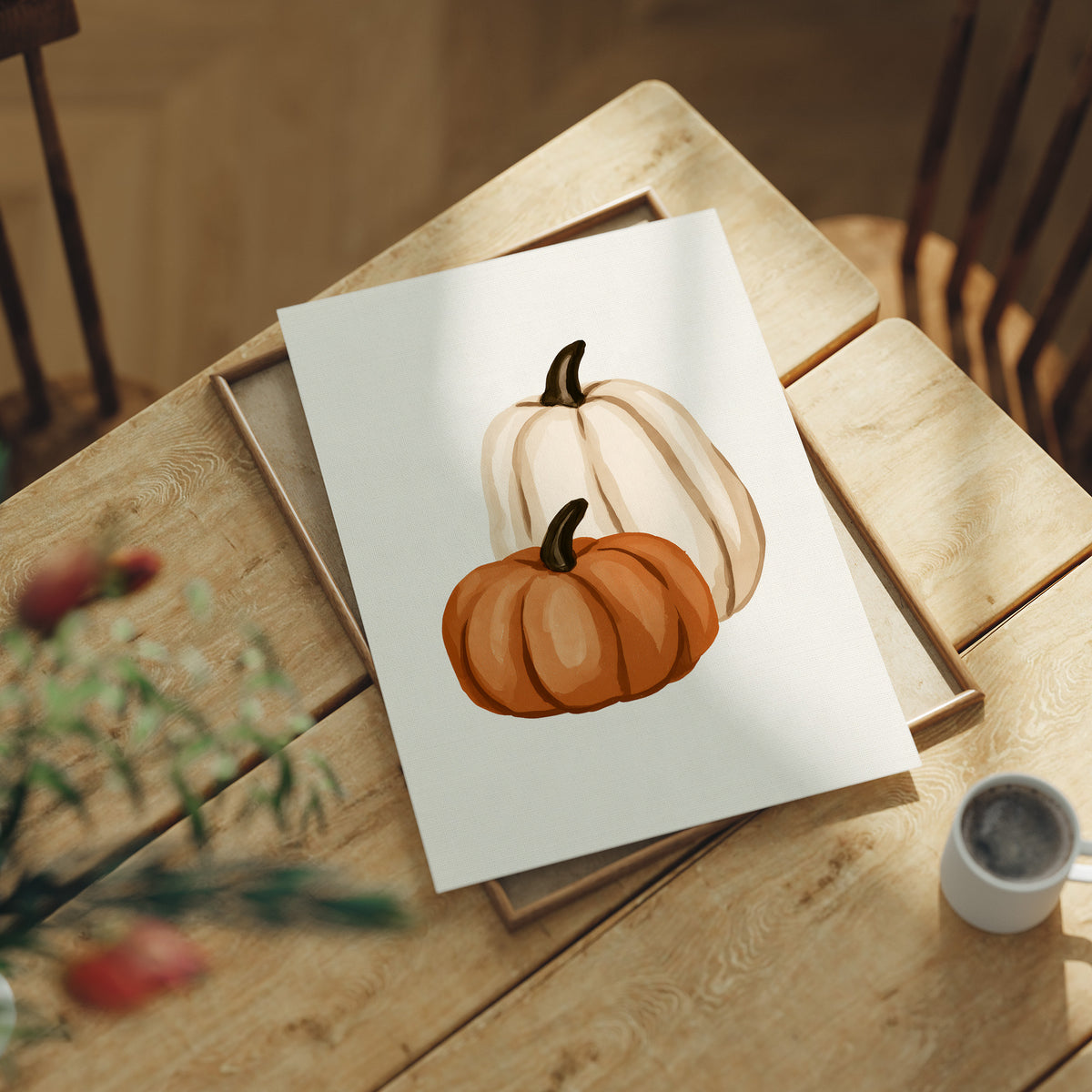 Short Stack, Long Shadow, print laid on a wooden table beside a white mug and flowers