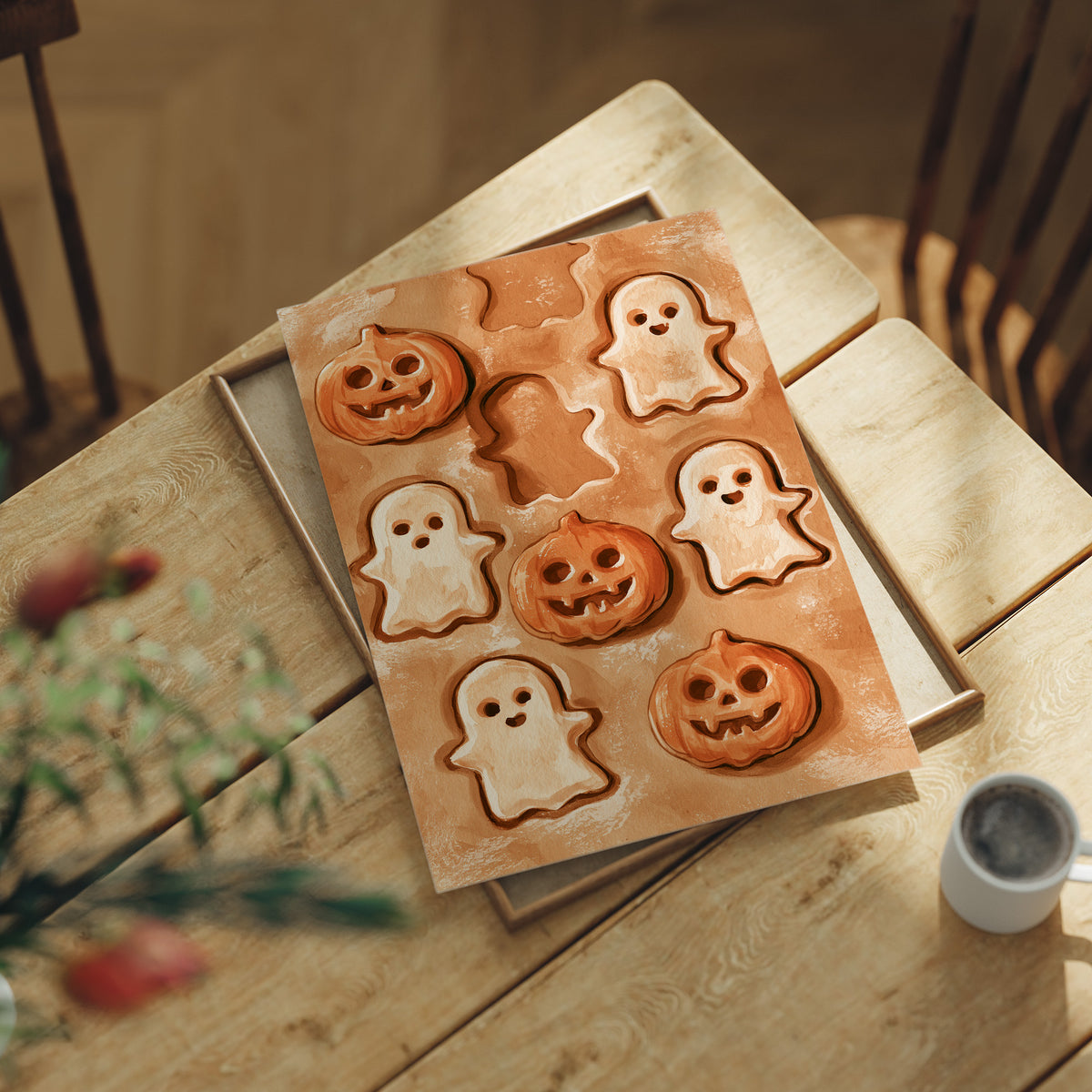 Two Ghosts Already Escaped The Dough, print laid on a wooden table beside a white mug and flowers